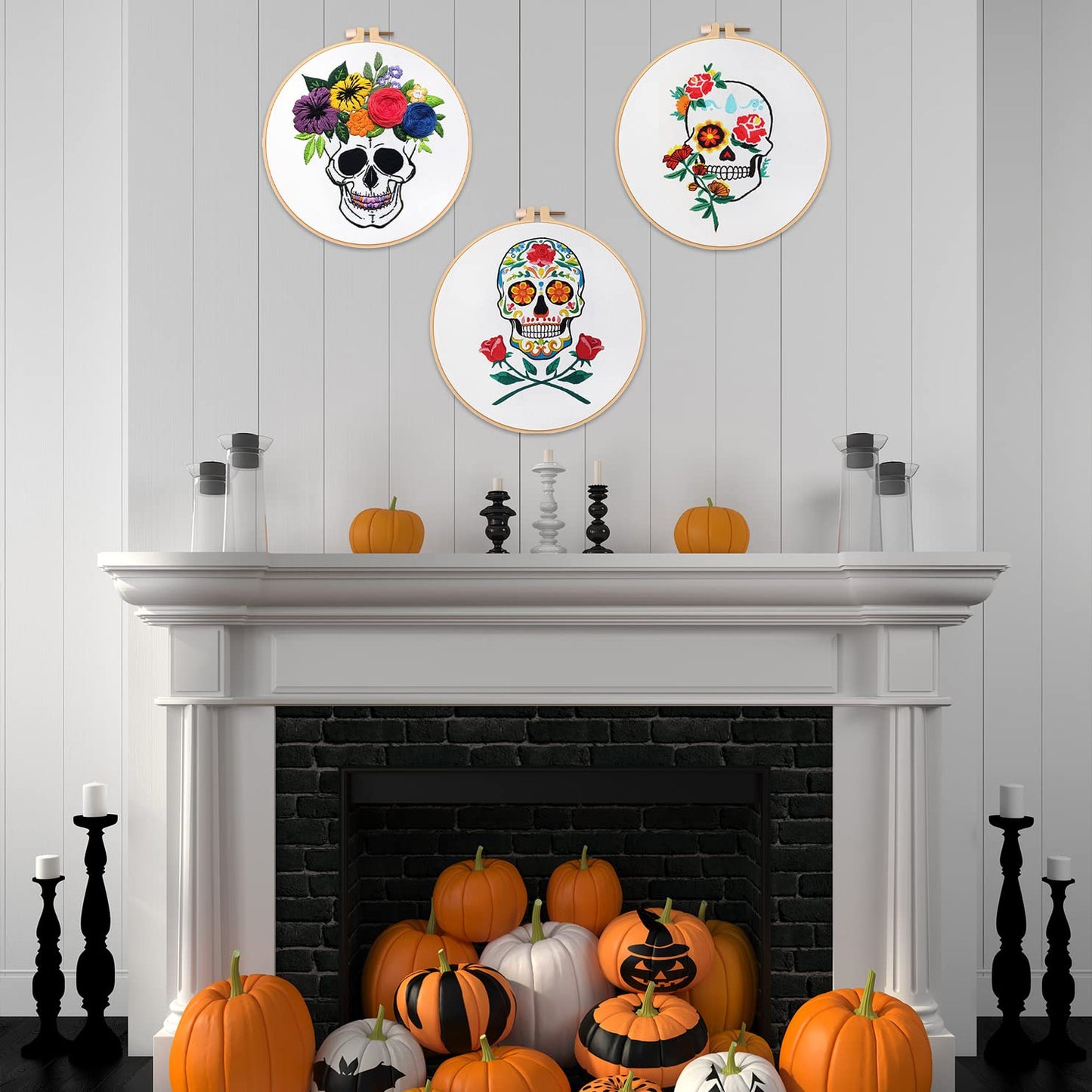 Nuberlic 3 Pack Halloween Skull Embroidery Kit for Adults Beginner Cross Stitch Kits for Starters with Skull Patterns Include 3 Hoop Cloth Thread Needles and Instructions