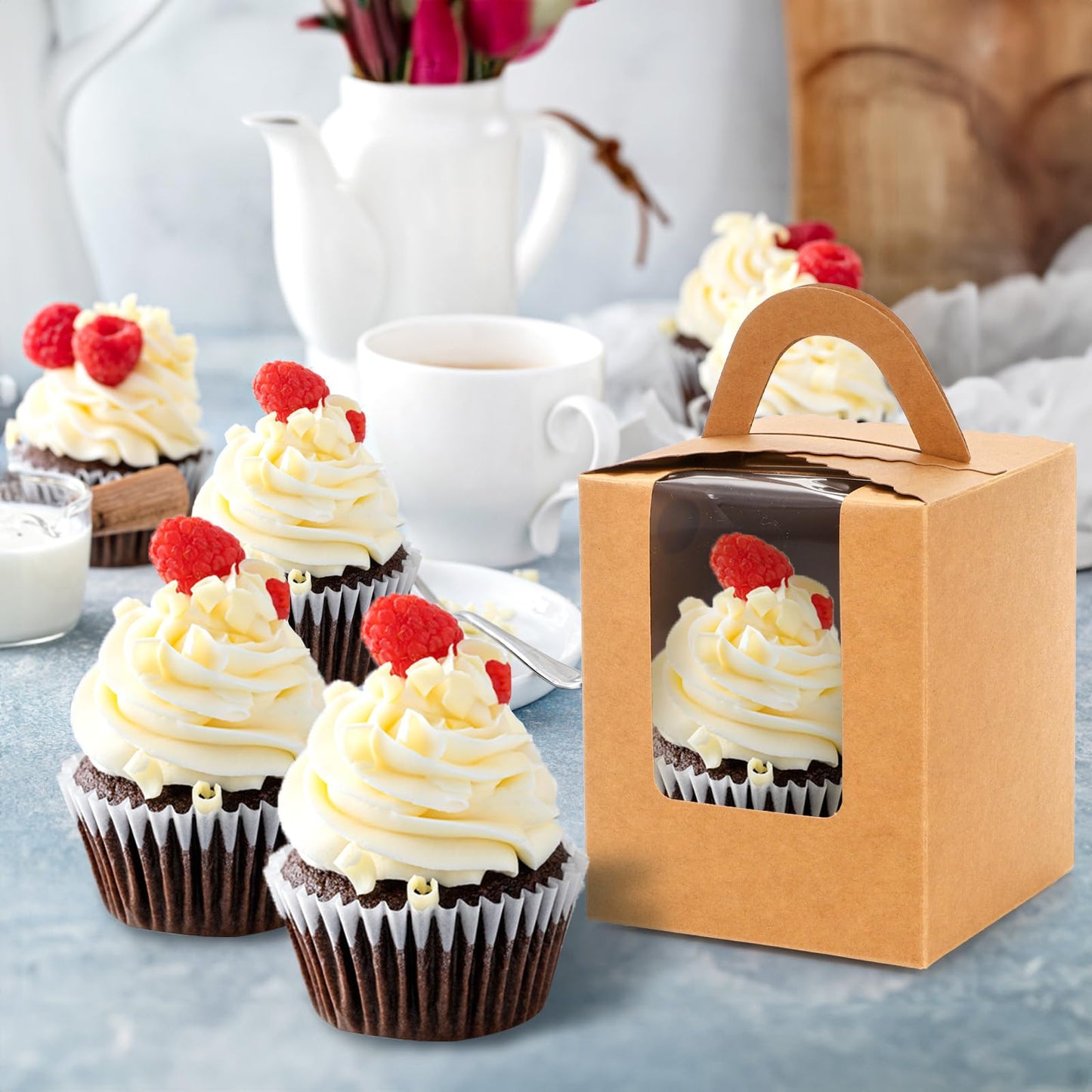 Jucoan 100 Pack Cupcake Box, Kraft Paper Individual Cupcake Container with Window and Handles, Bulk Single Cupcake Packaging Box for Muffin, Cocoa Bomb, Party Favor Pastry Treat Boxes