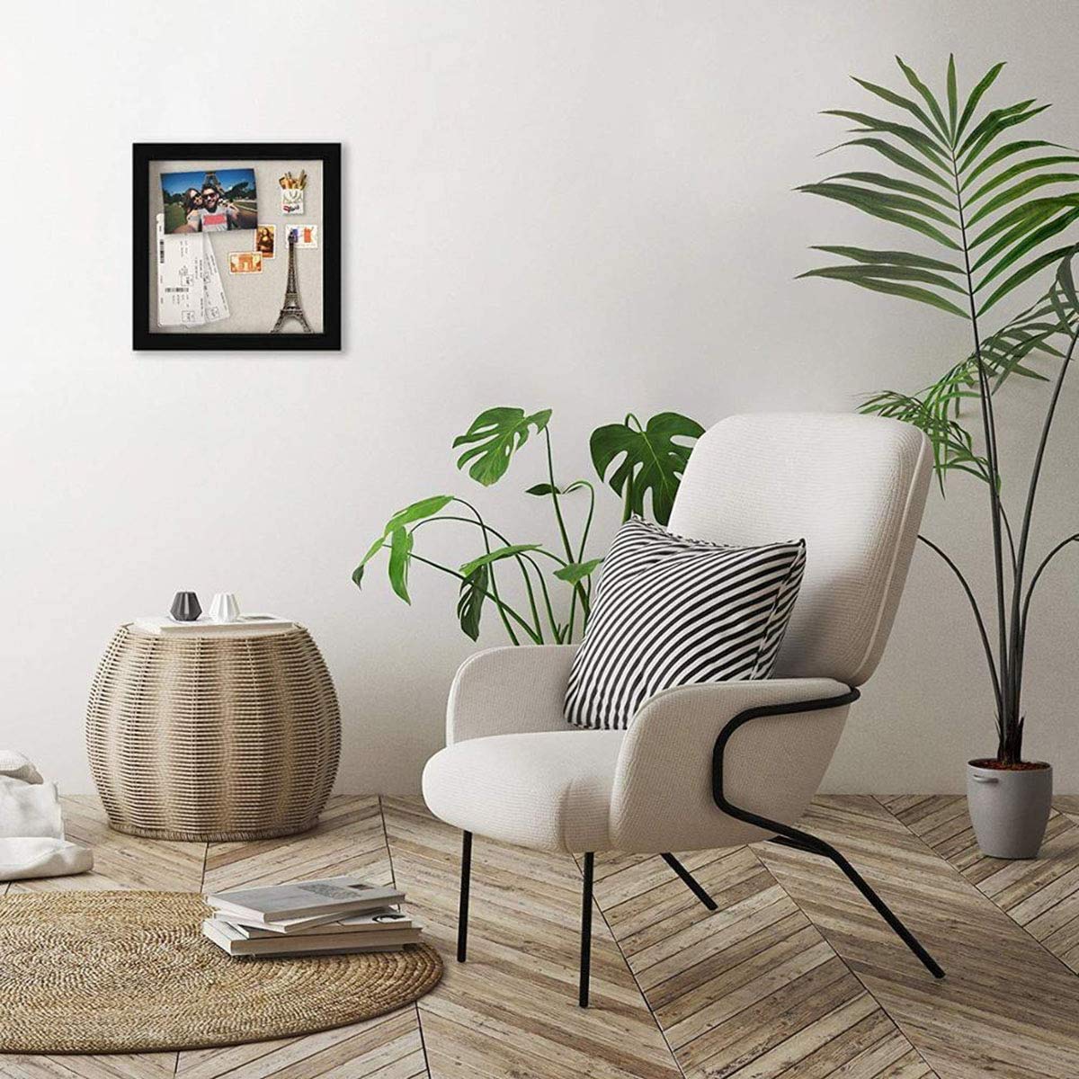 Muzilife 8x8 Shadow Box Picture Frame with Linen Board - Deep Wood & Glass Display Case Ready to Hang Memory Box Baby Sports Memorabilia, Pins, Awards, Medals, Wedding, Tickets and Photos (Black)