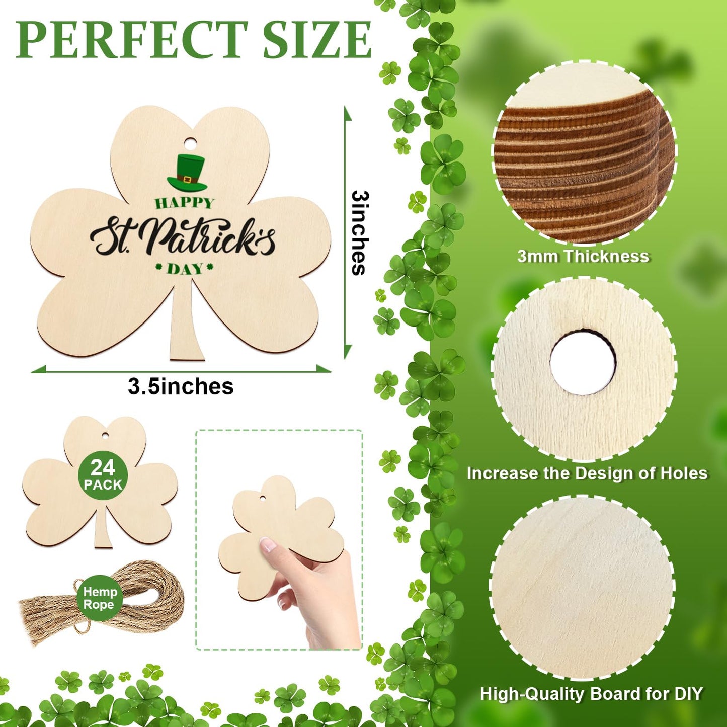Wooden Shamrock Ornaments to Paint St. Patrick's Day Decoration Cutouts Unfinished 24PCS 3.5 x 3 inches, DIY Blank Unfinished Wood Discs Ornament for Home Farmhouse Crafts Hanging Spring Decorations
