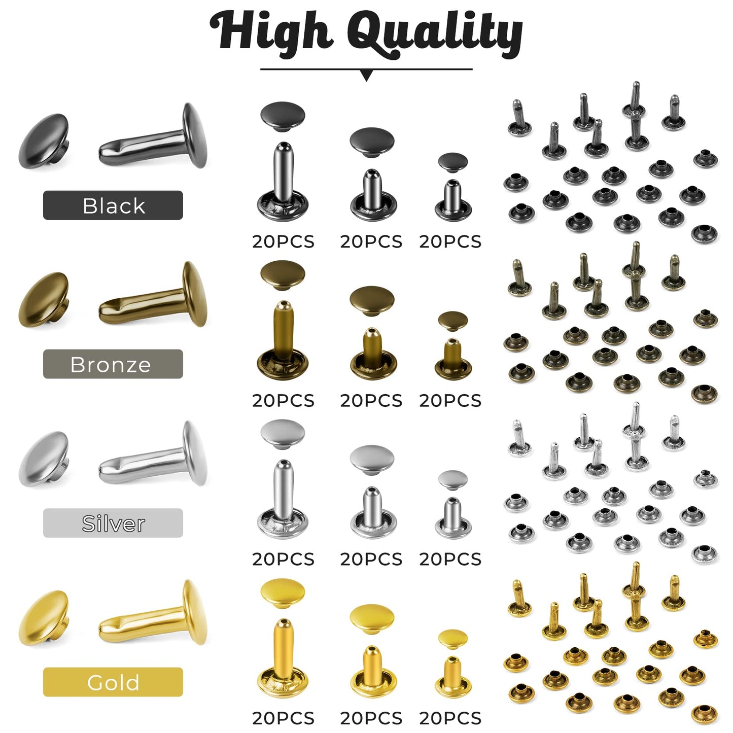 240 Sets Leather Rivets Kit, Double Cap Brass Rivets Leather Studs with 3PCS Setting Tools for Leather Repair and Crafts, 4 Colors and 3 Sizes