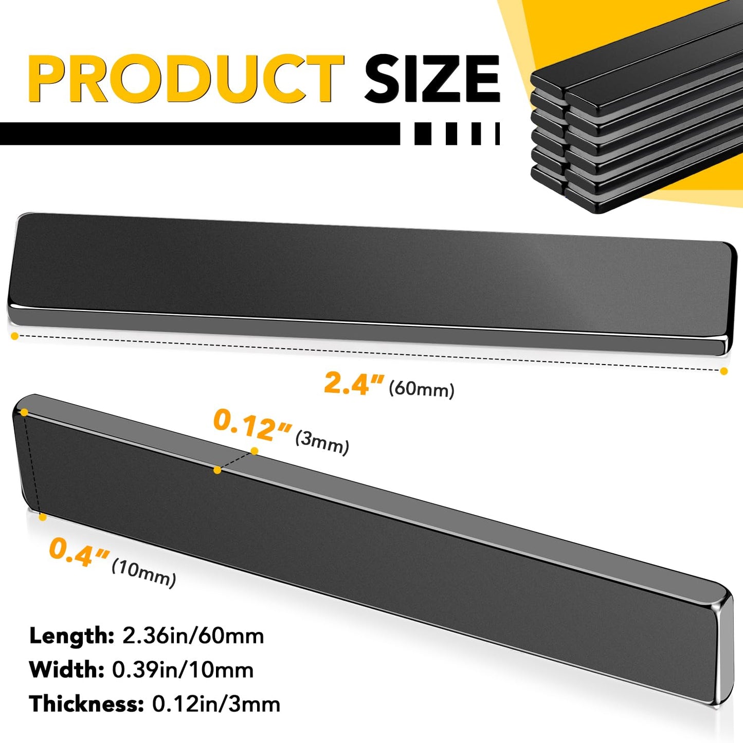 DIYMAG Neodymium Magnets, 12 Pack Strong Magnetic Bar with Double-Sided Adhensive Backing Heave Duty Rare Earth Magnet for Fridge, Classroom, Science and Craft - 2.36 x 0.39 x 0.12 in Black