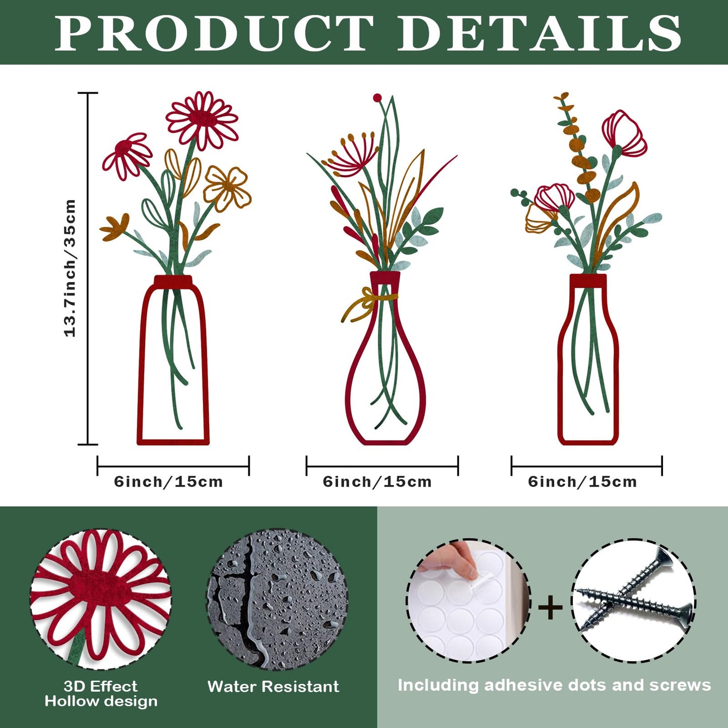 3 Pieces Metal Vase Flowers Wall Arts - Rustic Farmhouse Style Décor Metal Wall Art Black Minimalist Flower Natural Themed Wall Decors for Home Bedroom Dining Room Housewarming (Red, Vase-C)