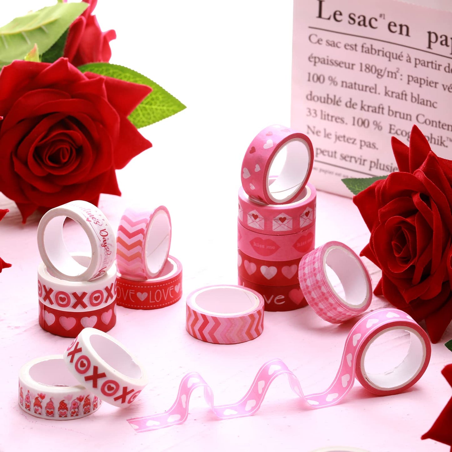 12 Rolls Valentine's Day Washi Tape Set Decorative 0.59 x 196 Inch Pink Love Heart Washi Tape Gnome Heart Masking Paper Supplies for DIY Crafts Scrapbook Giftwrap Wedding Party Decor