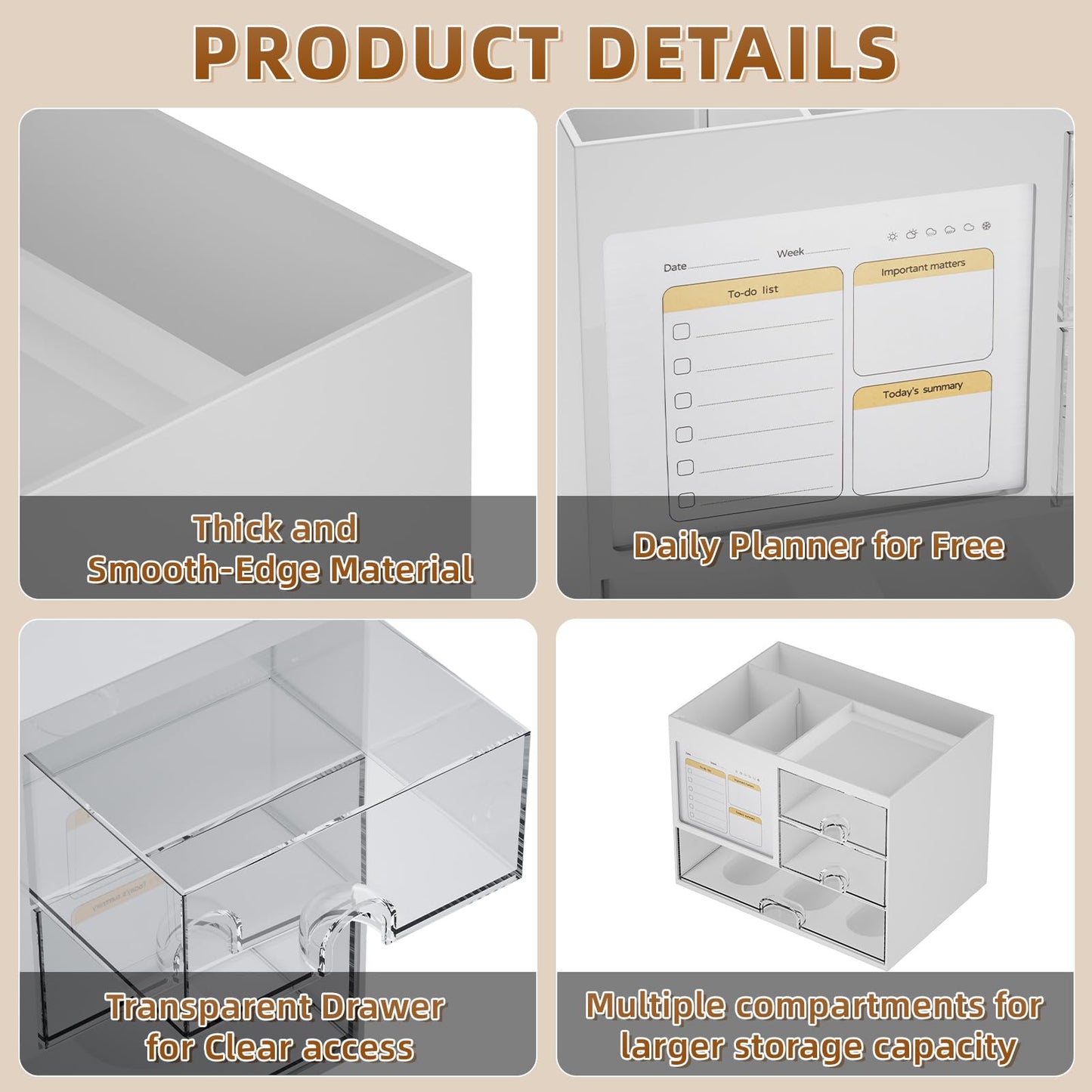 Desk Organizer with 3 Drawer, Multi-Functional Pencil Pen Holder for Desk, Desk Organizers and Accessories with 4 Compartments, Desktop Organizer Storage for Office Home Art Supplies (White)