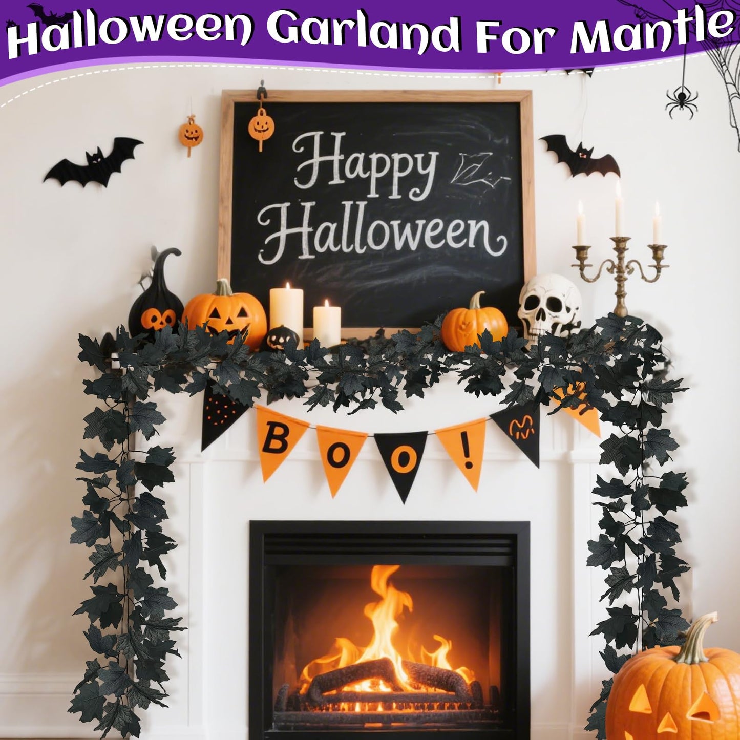 Timer & 3 Pack - Halloween Garland with Lights Total 18Ft 78LED Orange & Purple Lights Battery Operated Lighted Black Maples Leaves Garland Halloween Decorations Indoor Outdoor Mantle Home Door Stairs