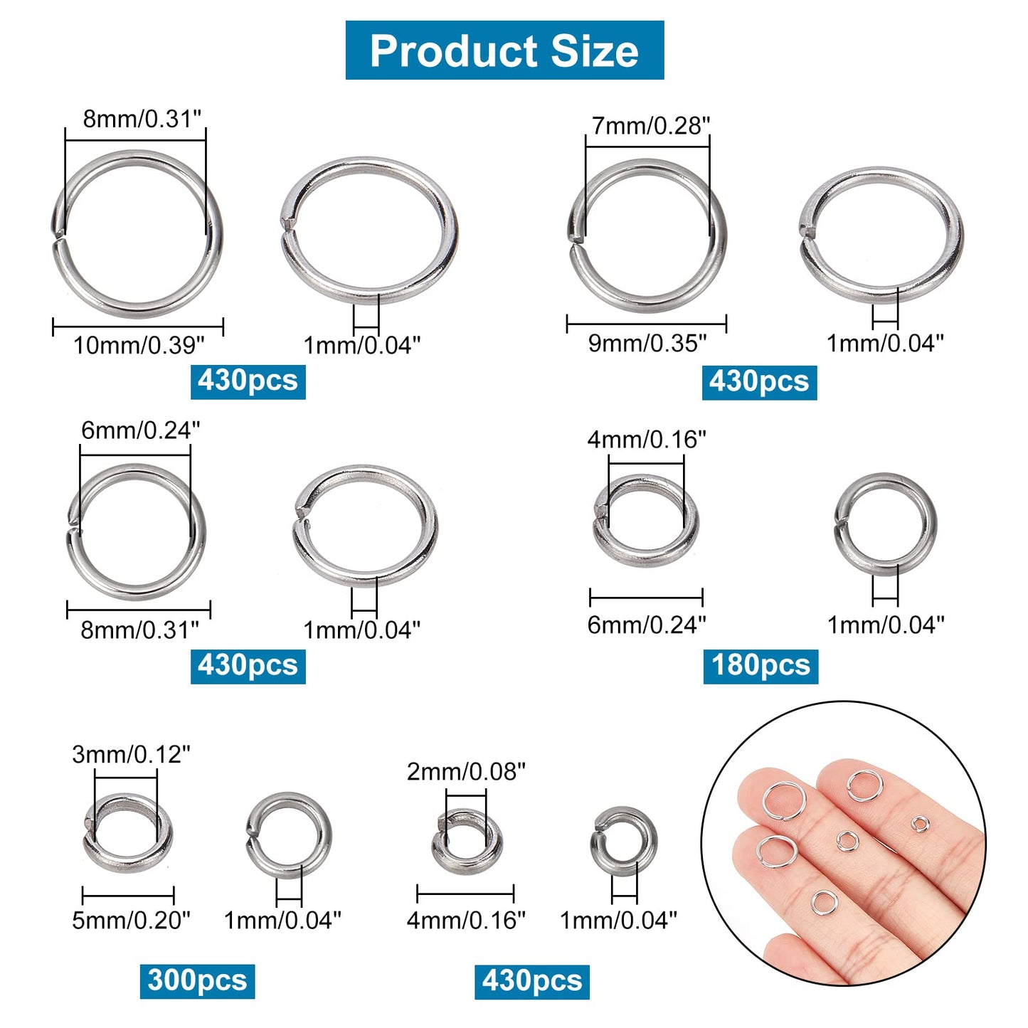1000pcs 304 Stainless Steel Jump Rings, 18-Gauge Open Jump Ring 4/5/6/8/9/10mm Connector Rings O Ring Chainmail Rings for Earring Bracelet Necklace Jewelry Keychain DIY Craft Making