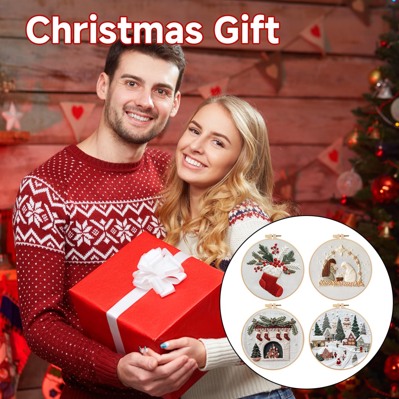 Christmas Embroidery Kit, 4 Pack Cross Stitch Kits,DIY Embroidery Starter Kit for Adults & Beginners, DIY Needlepoint Kit with Embroidery Hoop Thread Needle for Craft Lover Birthday Gifts 2