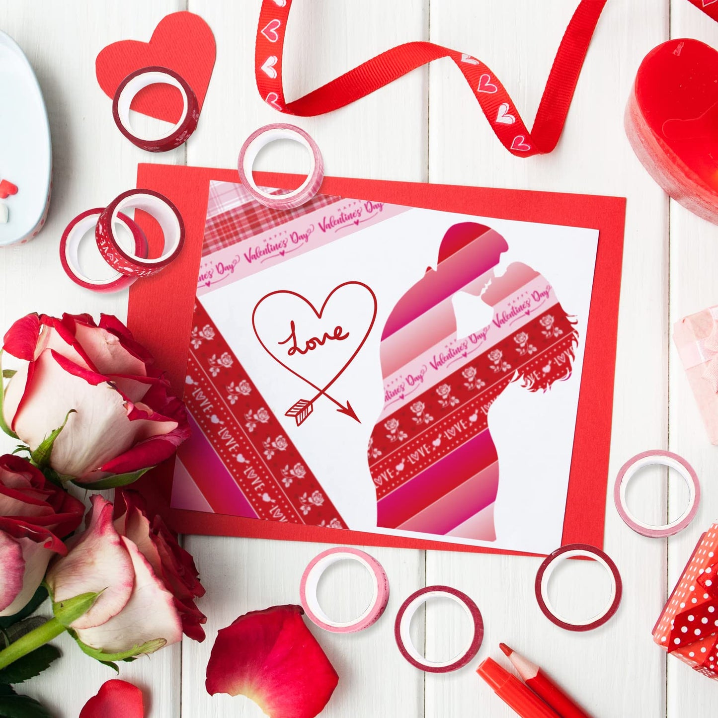 12 Rolls Valentine Washi Tape Red Pink Heart Gnome Love Masking Tape for Wedding Scrapbook DIY Craft Gift Wrapping, 0.6" x 16.4ft