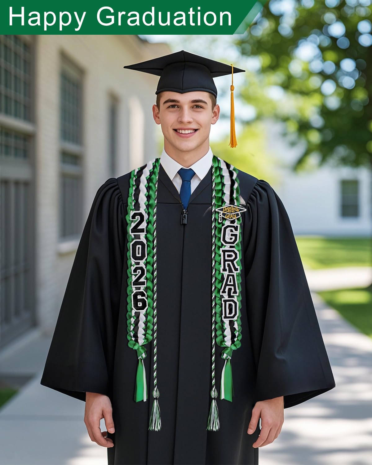 Yigney Graduation Lei Set Class of 2026 Grad Ribbon Leis with Honor Cord Double Braided Graduate Leis for Men Women Green Black White