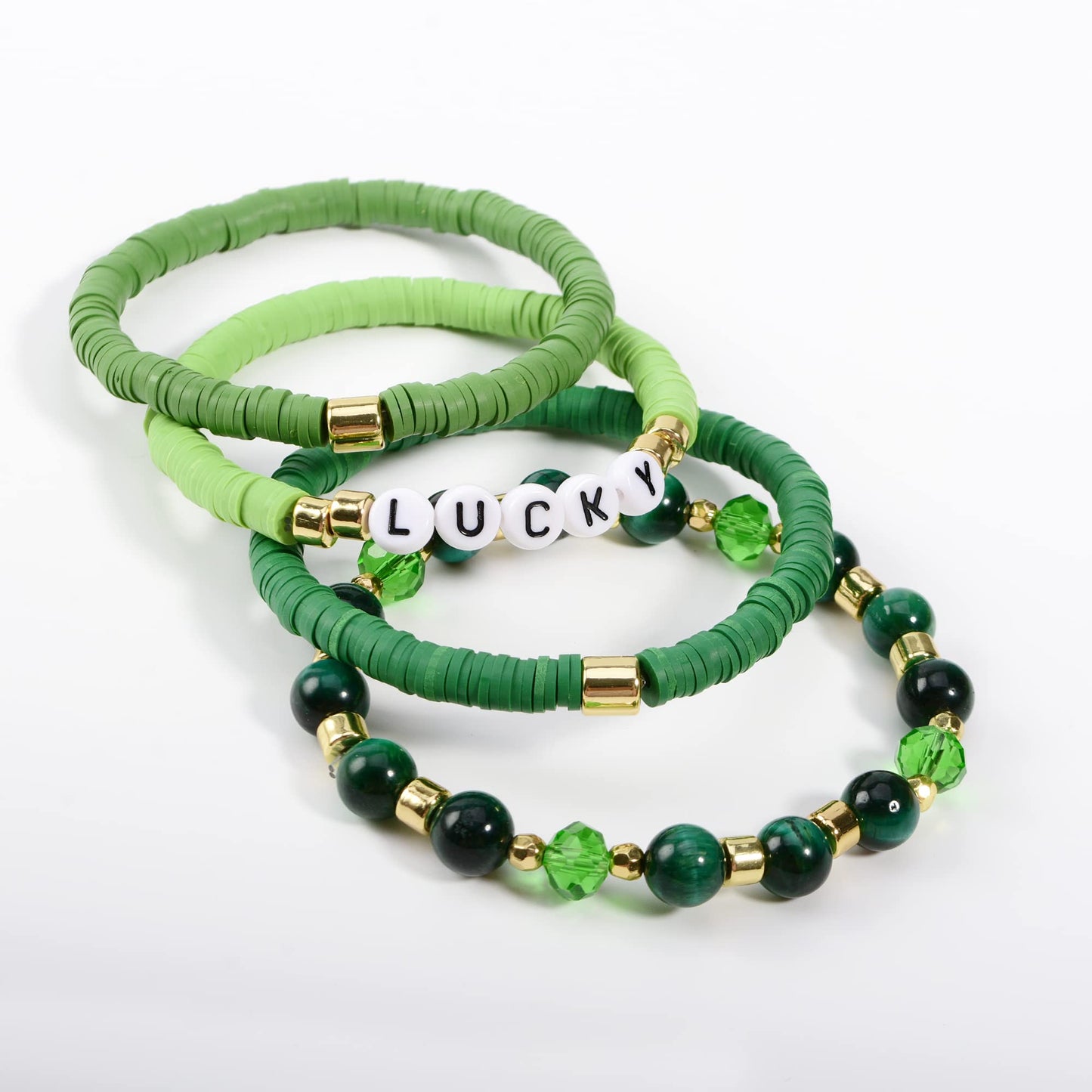 St. Patrick Day Heishi Bracelets for Women Clay Beaded Stretch Bracelets Stackable Crystal Stone Beaded Green Bracelets Set Friendship Boho Outfits Jewelry