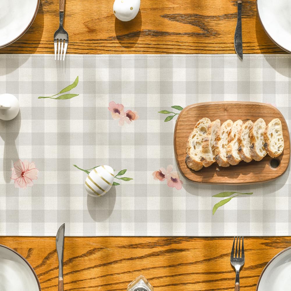 Buffalo Plaid Bunny Rabbit Ears Flower Easter Table Runner, Spring Summer Seasonal Holiday Kitchen Dining Table Decoration for Indoor Outdoor Home Party Decor 13 x 72 Inch