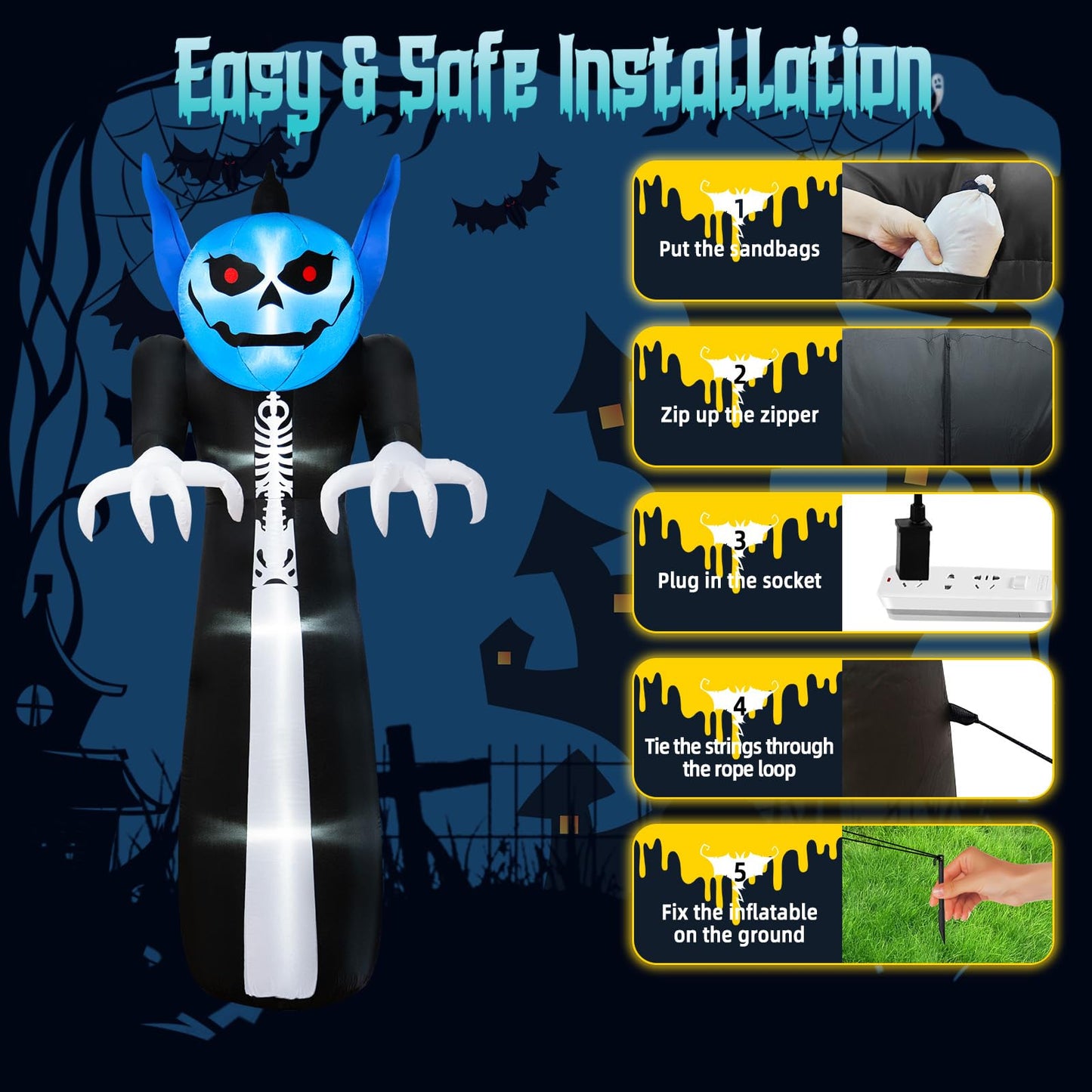 12FT Halloween Inflatables Pumpkin Reaper, Giant Pumpkin Ghost Inflatable Halloween Decorations with Blue Rotating LED Lights Blow Up Yard Decorations for Holiday Party Outdoor Garden Lawn