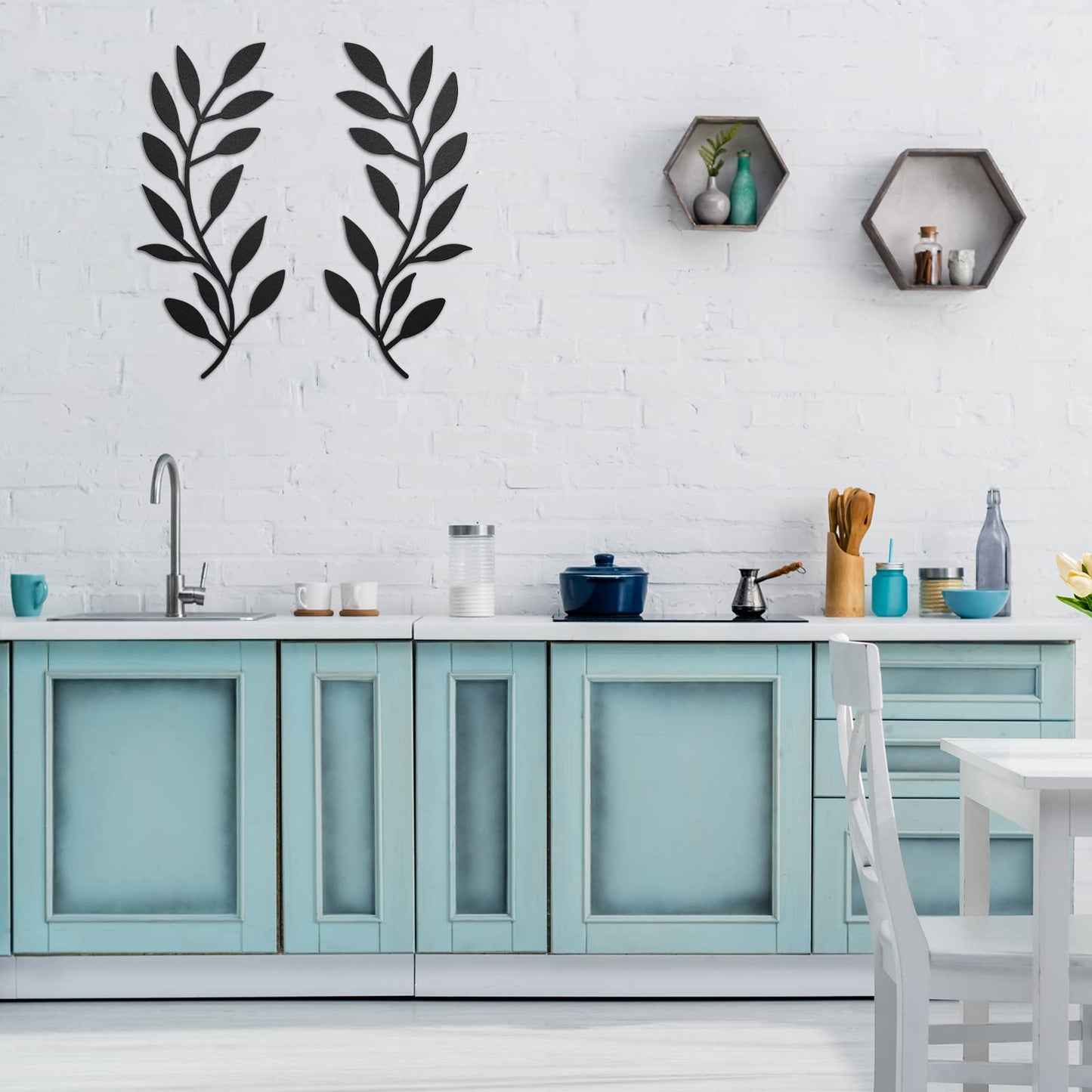 2 Pieces Metal Tree Leaf Wall Decor Vine Olive Branch Leaf Wall Art Living Room, Hallway Wall Decor Outdoor Decoration (Black)