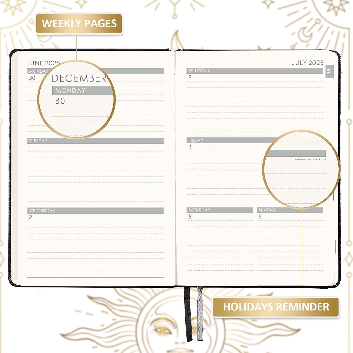 Planner 2025-2026 - Academic Planner 2025-2026, July 2025 - June 2026, 5.75" x 8.25", Weekly and Monthly, Faux Leather with Back Pocket & 40 Notes Pages - The Sun