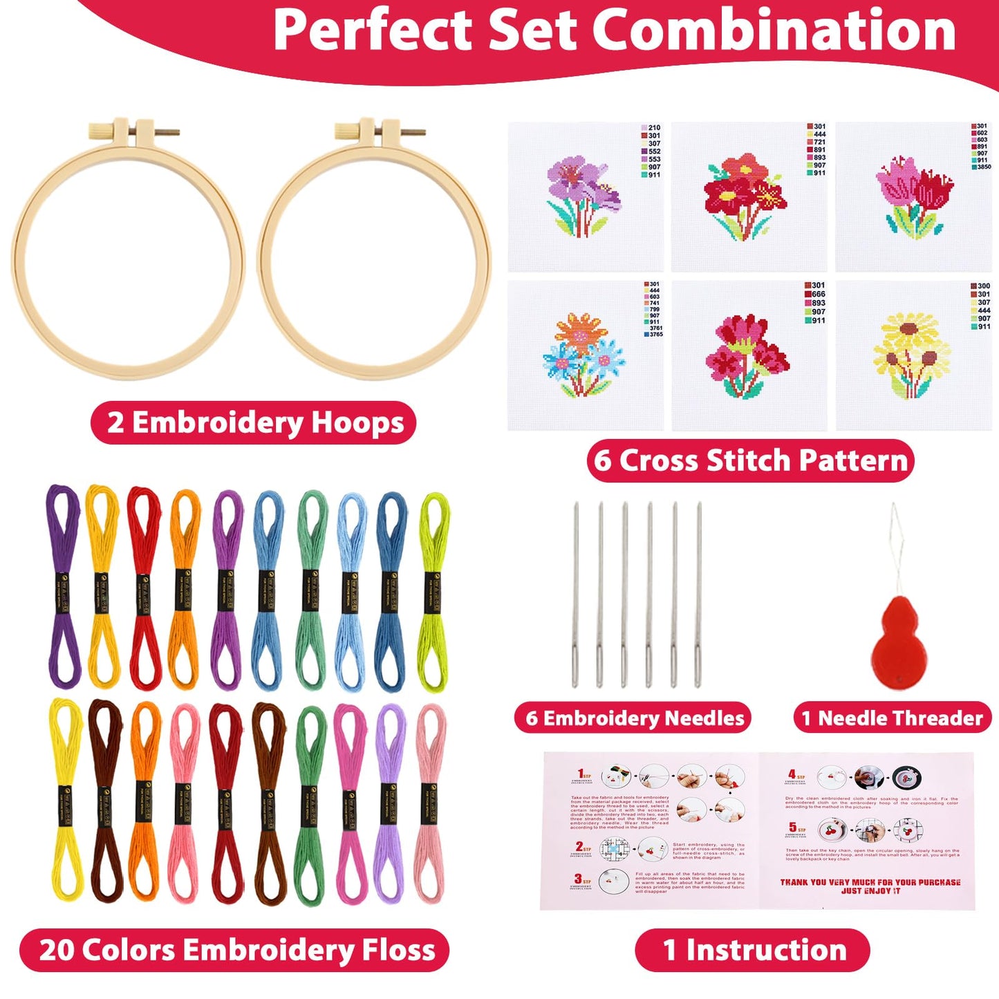 ZOIIWA 6PCS Flower Cross Stitch Kits for Beginners DIY Embroidery Kit for Kids Adults Christmas Birthday Gift Needlepoint Patterns with 2 Embroidery Hoops Craft Supplies