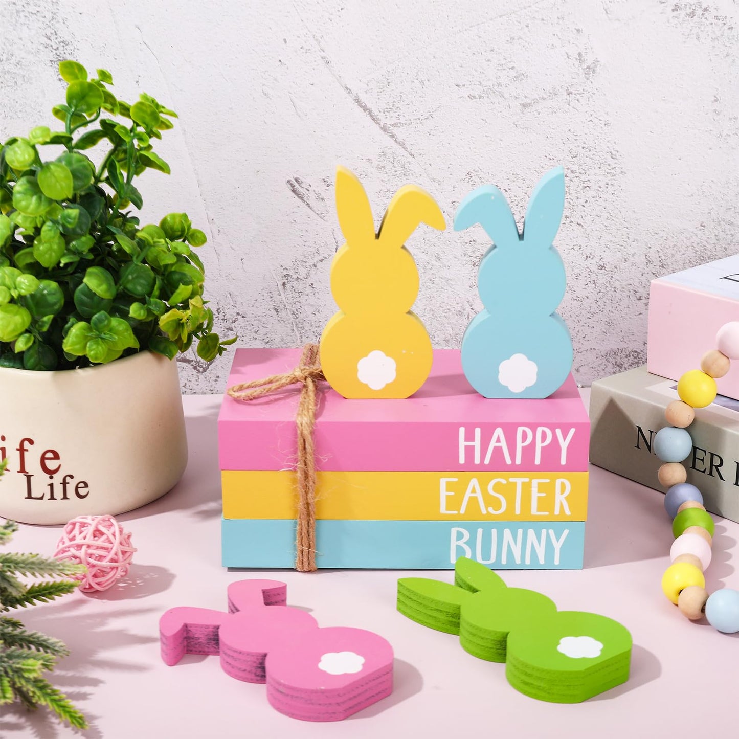 7Pcs Easter Wooden Tiered Tray Decor Pastel Happy Easter Bunny Faux Stacked Books Rabbit Table Centerpiece Block Signs for Spring Party Farmhouse Home Kitchen