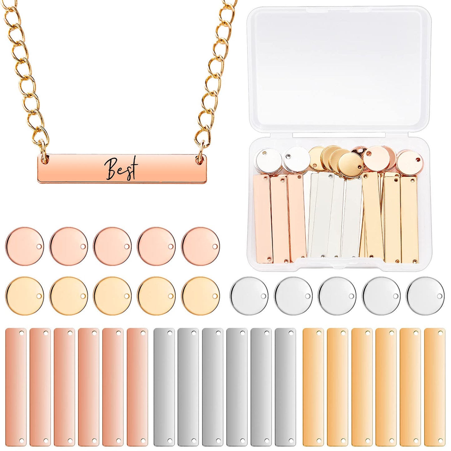 30 Pcs Metal Stamping Blank Tag Pendants for Jewelry Engraving includes 15 Rectangle Stamping Blank Bar Charms Brass Tag, 15 Round Blank Name Pendant for DIY Craft