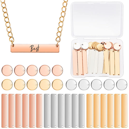 30 Pcs Metal Stamping Blank Tag Pendants for Jewelry Engraving includes 15 Rectangle Stamping Blank Bar Charms Brass Tag, 15 Round Blank Name Pendant for DIY Craft