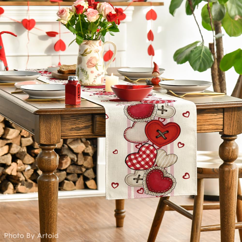Artoid Mode Heart-Shaped Buttons Valentine's Day Table Runner, Seasonal Kitchen Dining Table Decoration for Indoor Home Party 13x72 Inch