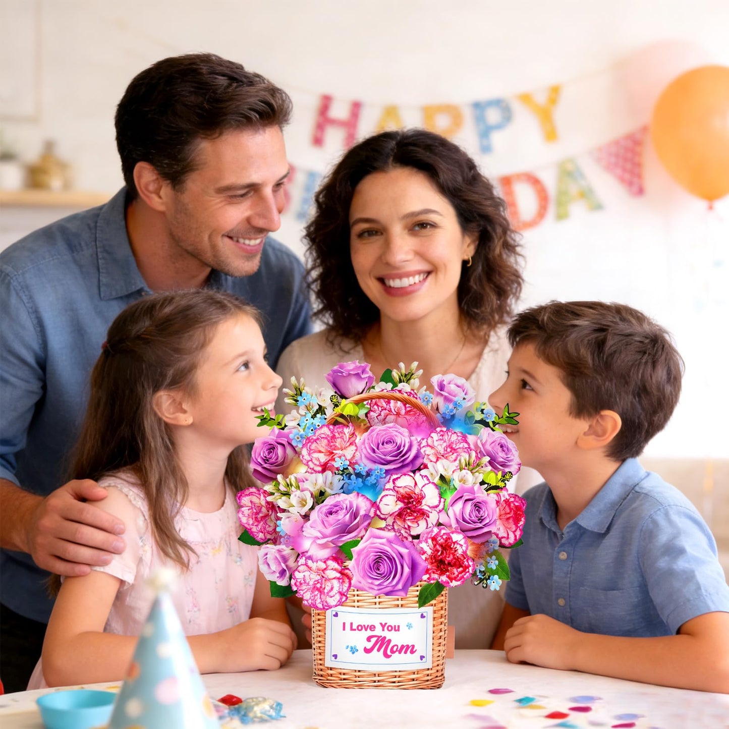 MZD8391 Mothers Day Card With Music & Lights, 3D Pop Up Mothers Day Gifts, Carnation & Rose, 10 Inch Life Sized Forever Flower Bouquet Birthday Card for Mom Wife Women Her