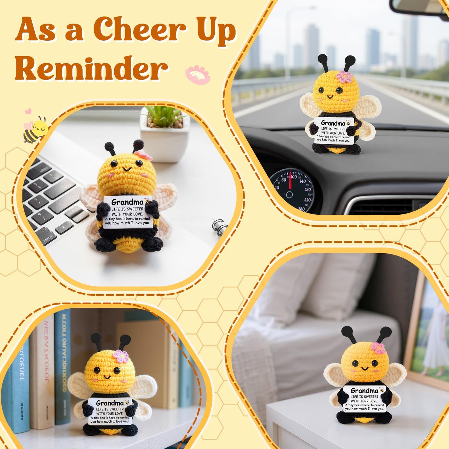 Gleevera Grandma Gifts, Birthday Gifts for Grandma from Granddaughter Grandson - Cute Handmade Crochet Bee - Valentines Birthday Mothers Day Present for Grandmother, Emotional Support Crochet Decor