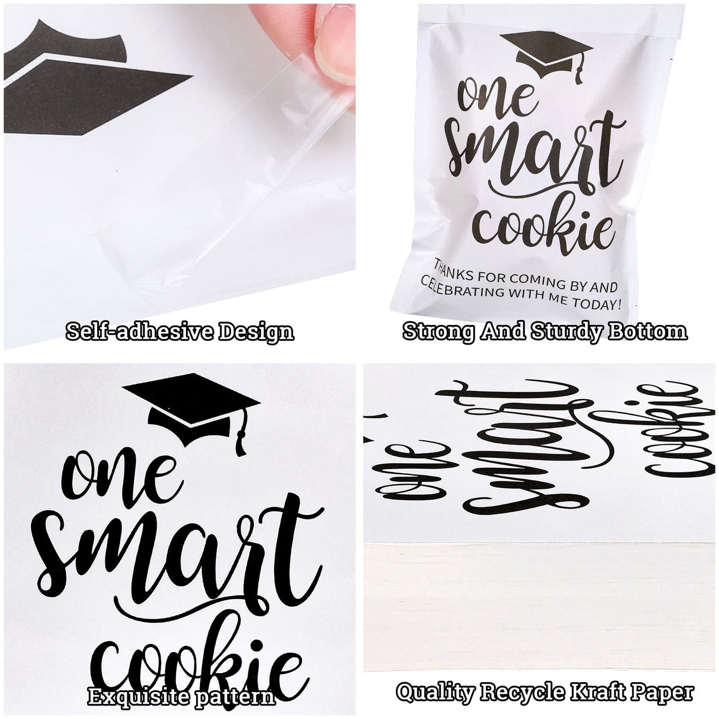 Whaline 100 Pack 2026 Graduation Candy Cookie Gift Bags One Smart Cookie Self-Adhesive Buffet Treat Bag Congrats Grad White Kraft Paper Treat Gift Bags for Graduation Party Decoration Supplies