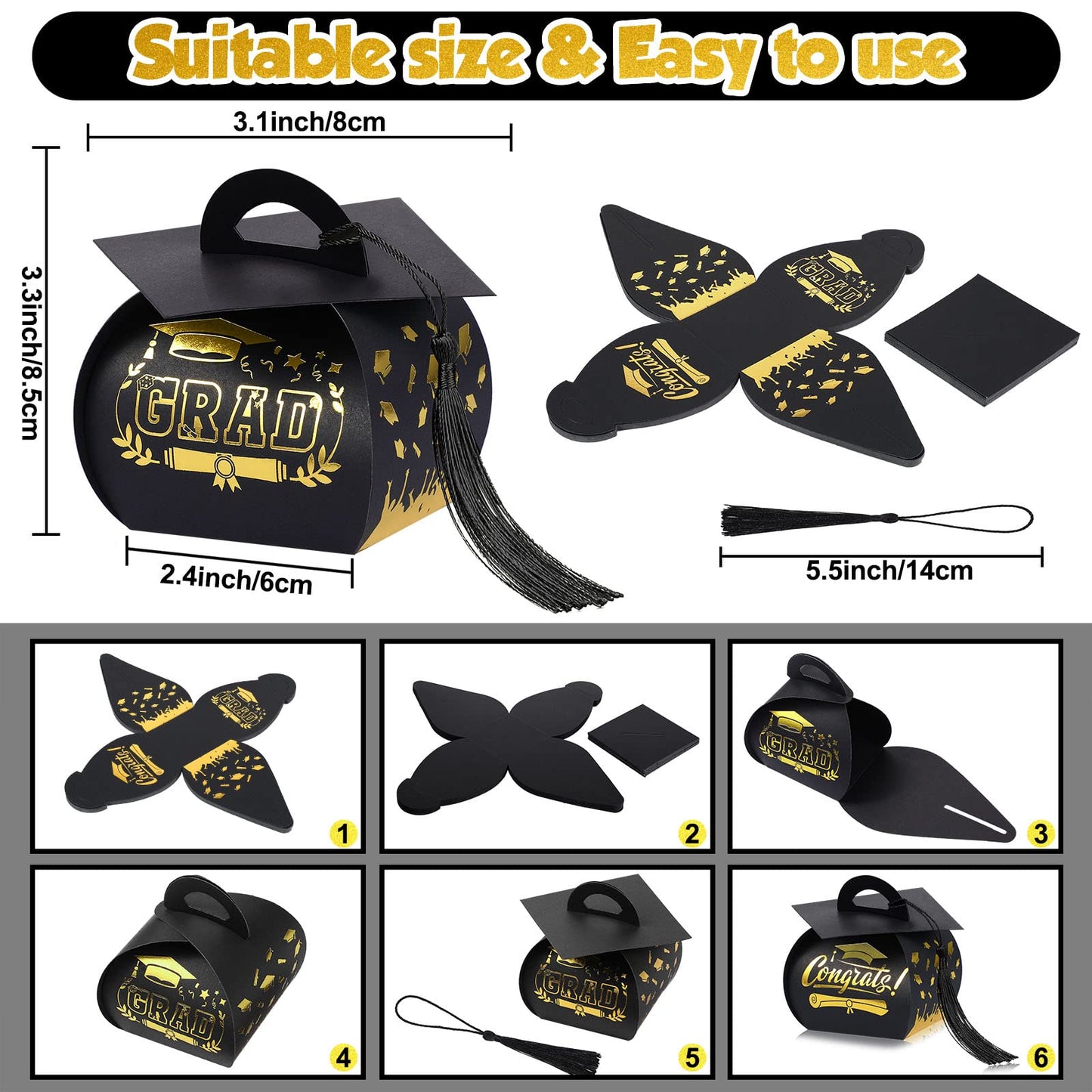 TaoBary 30 Pcs Graduation Cap Gift Boxes Graduation Decorations Class of 2026 Candy Box with Tassel for 2026 Grad Party Favors Supplies(Black, Gold)