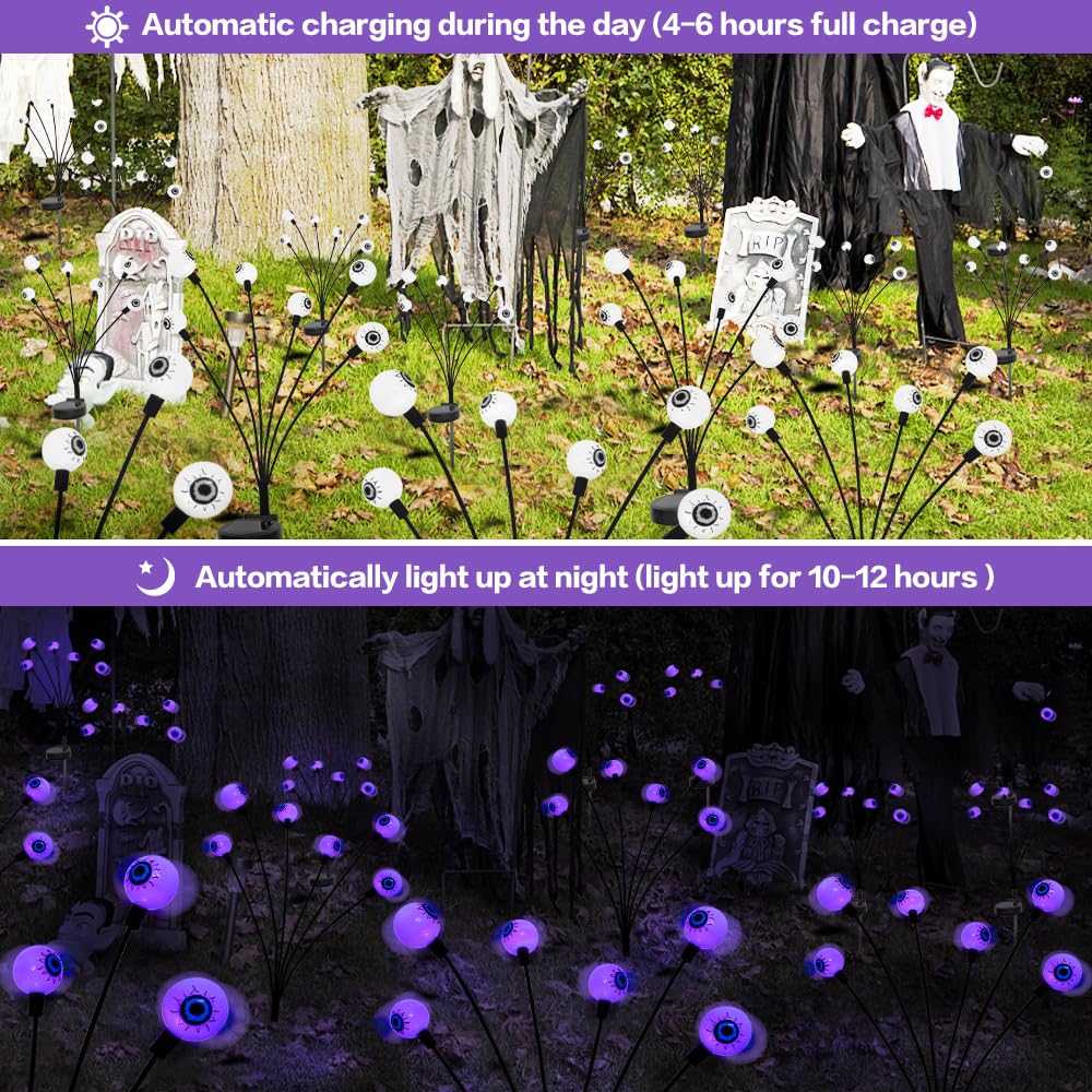 2PACK Scary Eyeballs Solar Garden Light Halloween Decorations Outdoor,Swaying Firefly with 12LED Purple Spooky Eyes Lights-Waterproof Ornaments Solar Halloween Lights for Lawn, Patio, Party Decor
