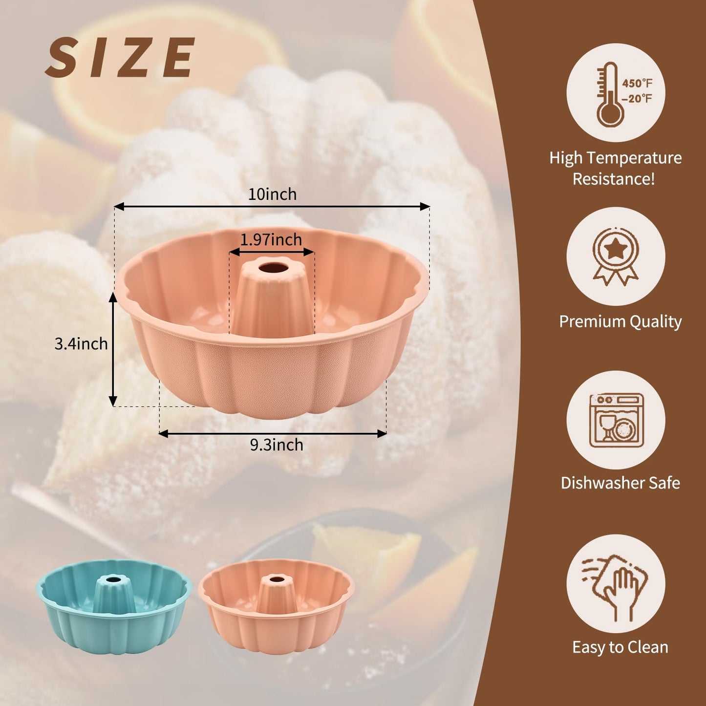 PADELE 2 Pack Silicone Cake Pan Nonstick,10 Inch, Silicone Cake Molds,Pound Cake Pan, Baking Cake Pan for Jello,Gelatin,Cake,Brownie and Bread（Pink+Blue）