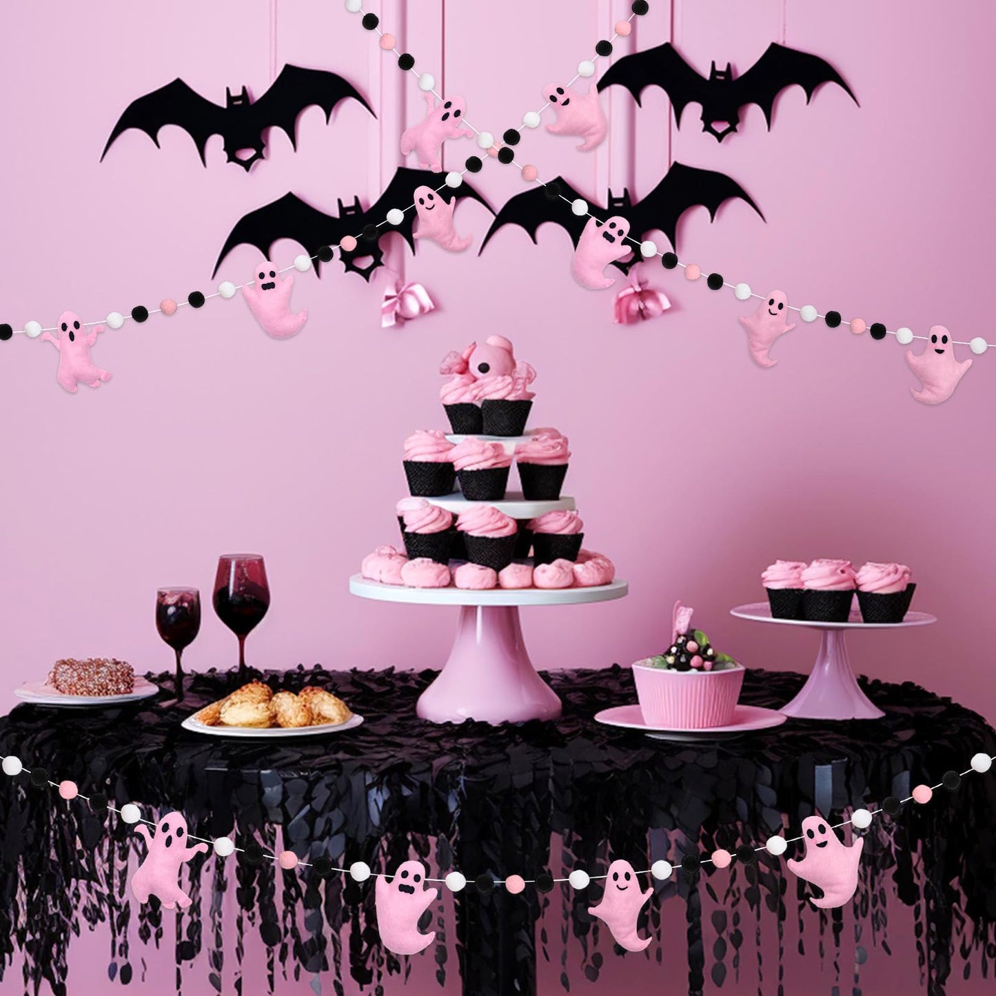 Whaline 6.6Ft Halloween Felt Banner Cute 3D Pink Ghost Hanging Garland Black Pink White Pom Ball Banner for Home Mantel Wall Window Decor Party Supplies