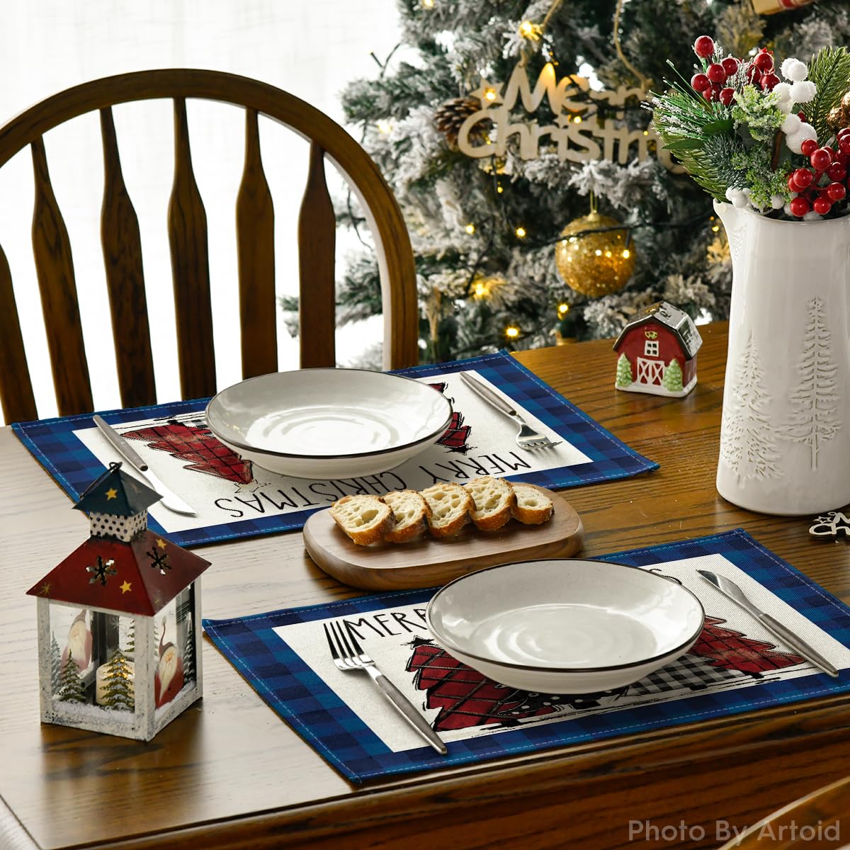 Artoid Mode Blue Waterclor Buffalo Plaid Christmas Trees Placemats Set of 6, 12x18 Inch Winter Table Mats for Outdoor Home Party Kitchen Dining Decor