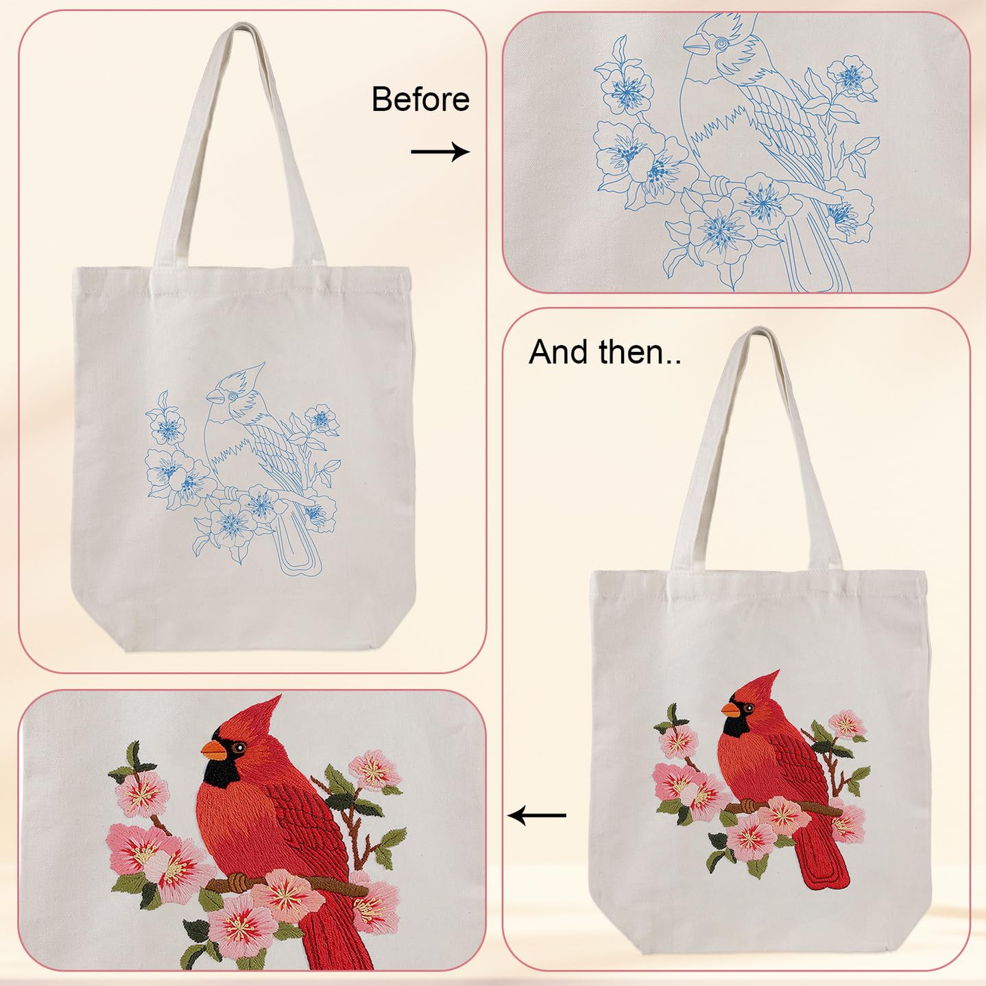 Canvas Tote Bag Embroidery Kit for Beginners,Cross Stitch Kits for Adults,DIY Needlepoint Include Cardinal Pattern,Women Shopping Reusable Grocery Bags