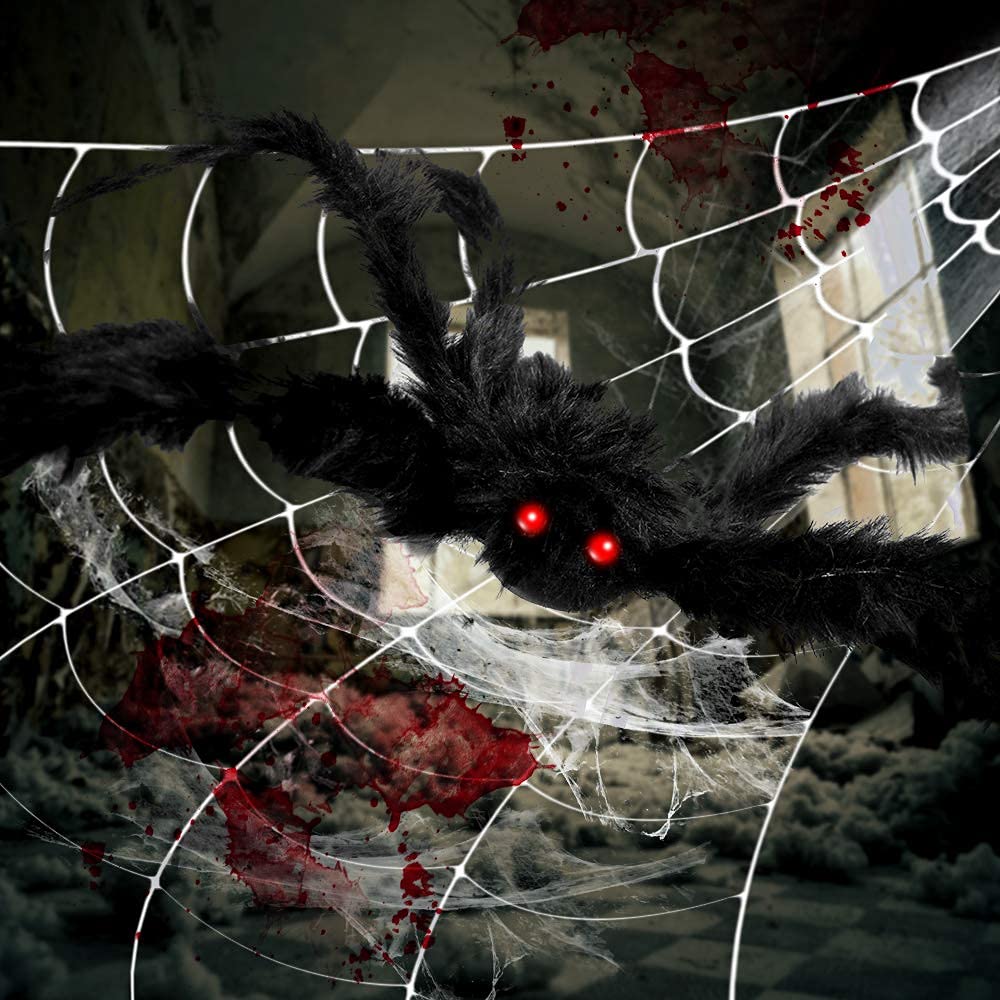 EZIGO Halloween Spider Decorations 3PCS Giant Spider Huge Spider Web Stretch Web Component of Huge Spider and Mega Spider Web Halloween Party Supplies Yard Halloween Outdoor Décor Haunted Decoration