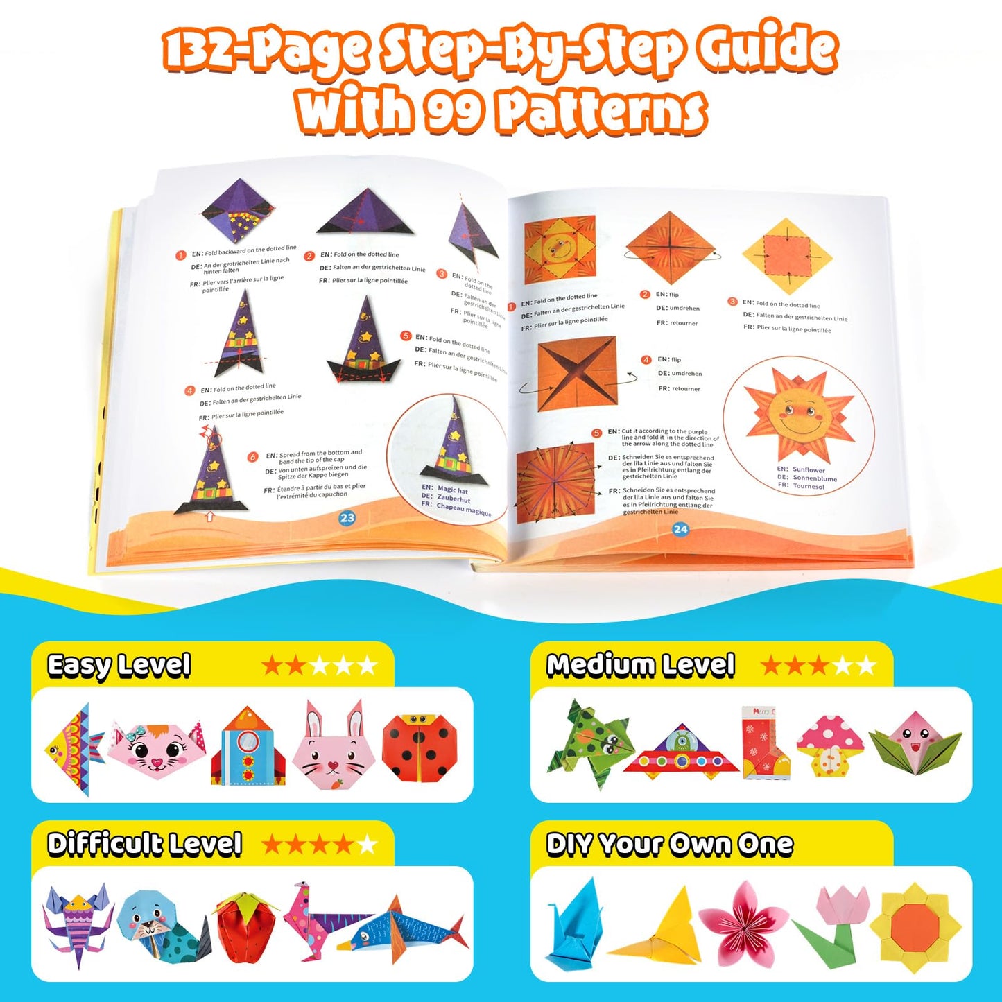 Origami Kit for Kids Ages 5-8 8-12, 260 Sheets Origami Paper with 99 Patterns and Guiding Book, Funtopia DIY Craft Art Projects Supplies for Boys Girls, Travel School Vacation Activities Toy