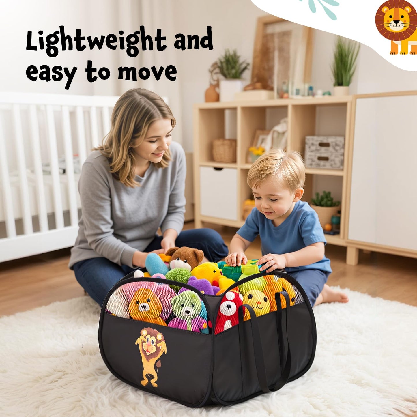 YOHOOLYO 95L Toy Storage Basket Box Chest for Boys Baby Toddler Kids, Collapsible Pop Up Large Mesh Toy Organizer Bin with Handles for Living Room Area, Playroom, Closet (Dinosaur&Lion)