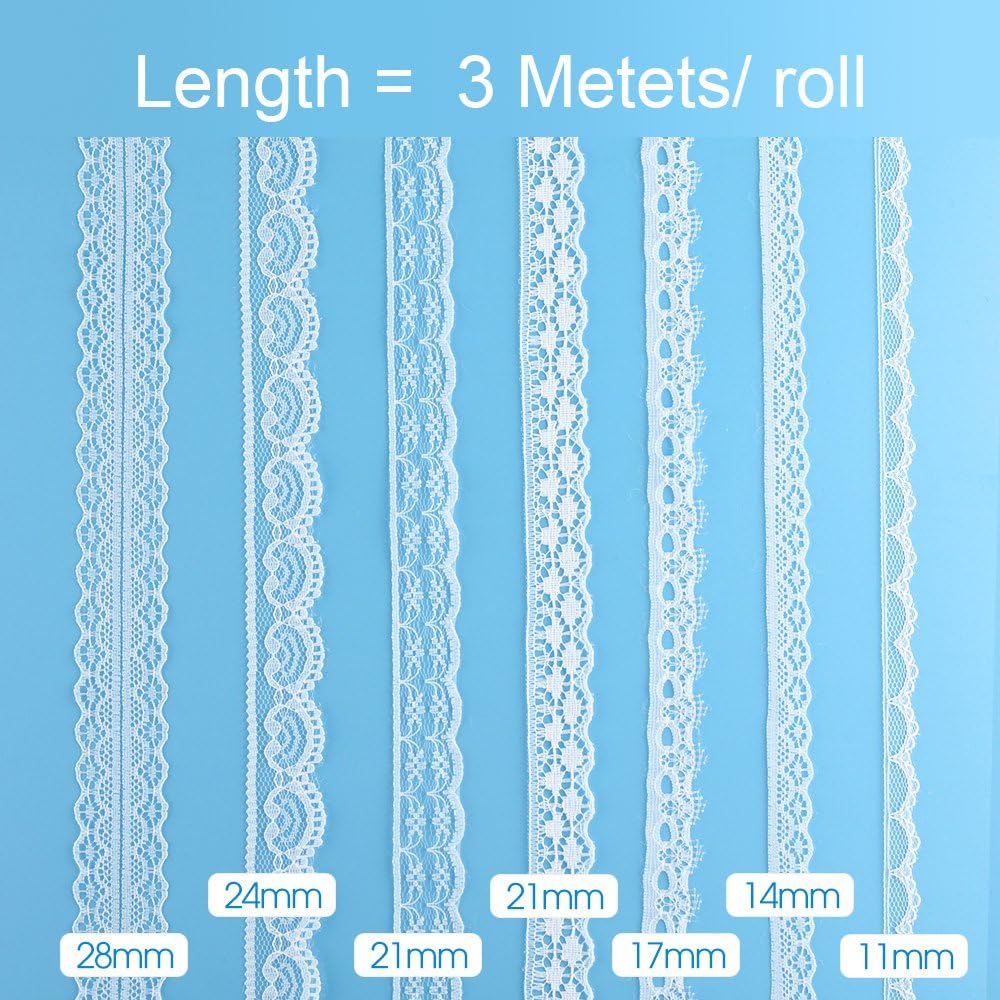 FEPITO 39.6 Yards White Lace Ribbon 12 Rolls Assorted Lace Trim Ribbon for Sewing and Bridal Wedding Scalloped Decorations
