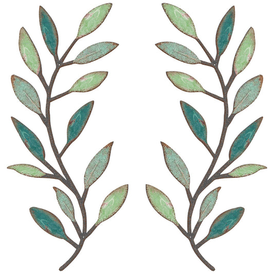 2 Pieces Metal Tree Leaf Wall Decor Vine Olive Branch Leaf Wall Art Living Room, Hallway Wall Decor Outdoor Decoration(Gradient Green)
