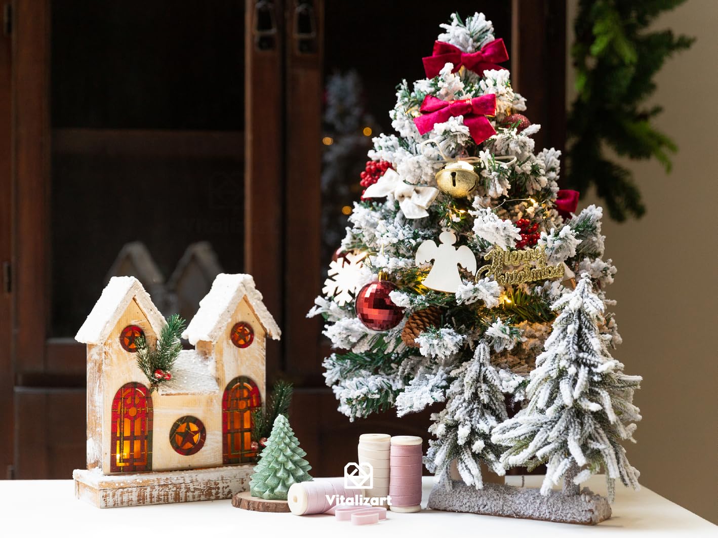 Vitalizart Velvet Ribbon Pink White Set 3/8" x 15Yd Wooden Spool Fabric Trim Eco-Friendly 3 Rolls * 5Yd for Christmas Wreath Decoration Handmade Craft Ornaments Gift Wrapping & Bow Making