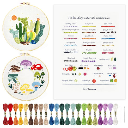 HAND U JOURNEY Basic Embroidery Stitch Kit: Perfect for Beginners with 28 Different Stitches and a Mushroom Embroidery Set