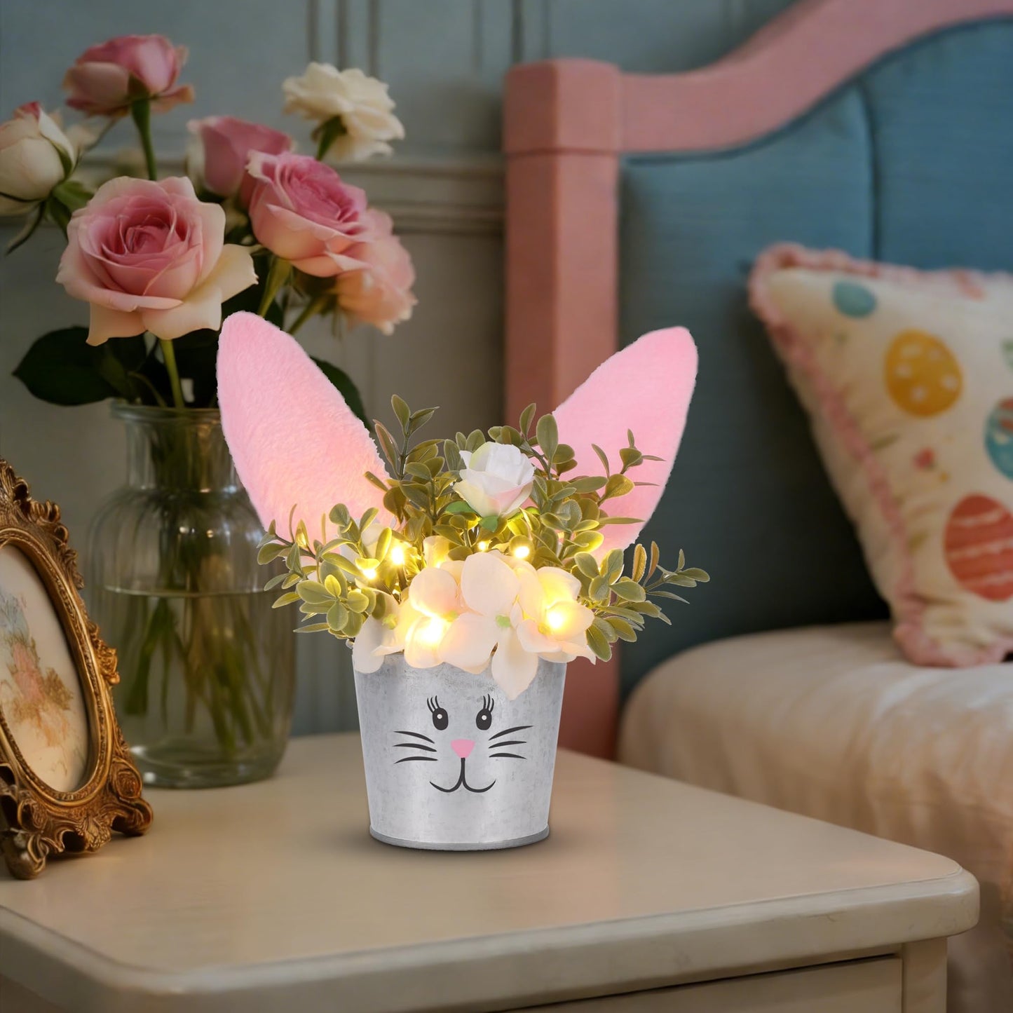 Easter Table Decorations Artificial Flower with Bunny Ear, Lighted Desk Decor Bunny Flowers, Easter Tabletop Decorations for Home Table Mantle Office Spring Party