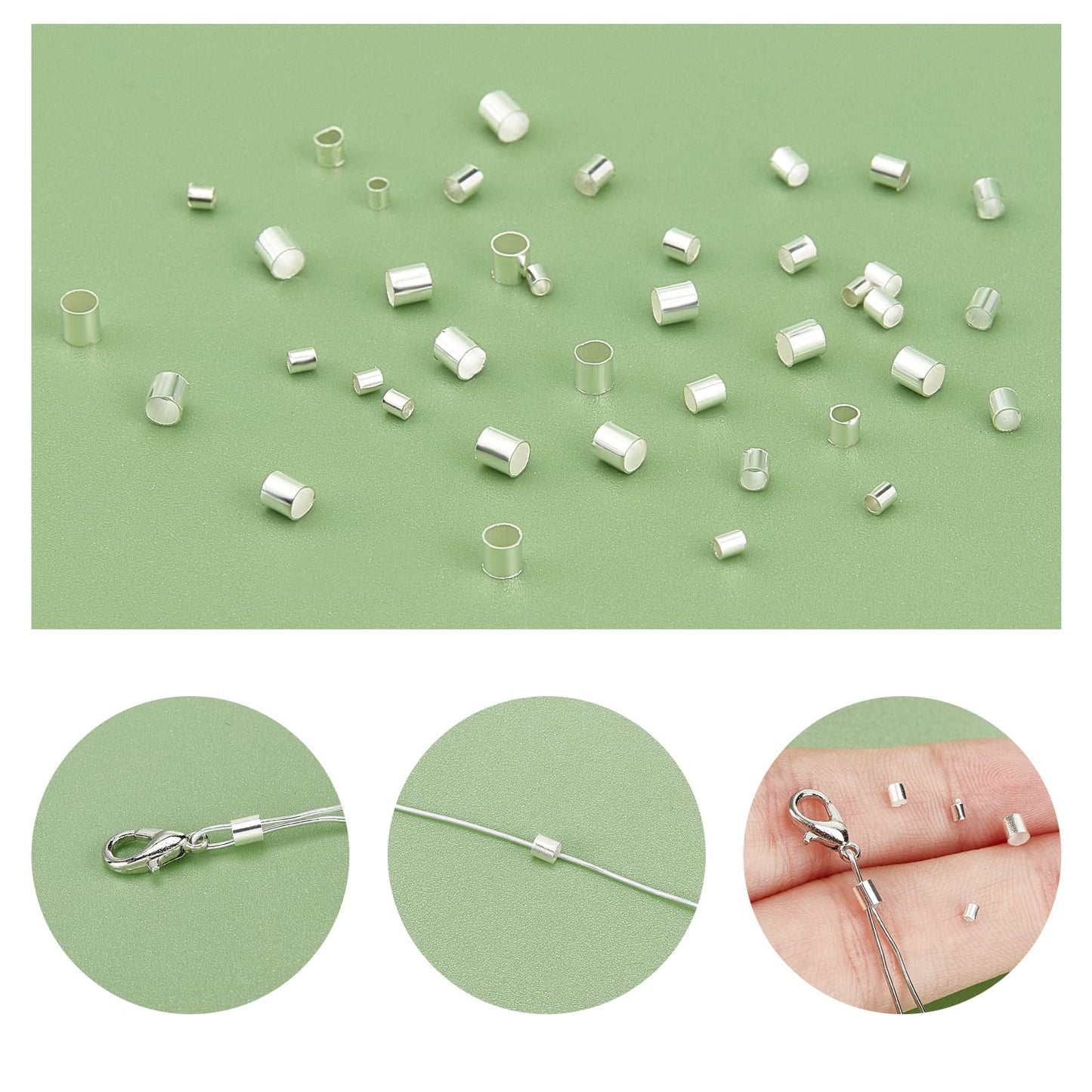 PH PandaHall Crimp Tube Beads, 3000 Pcs 1.5mm 2mm 2.5mm Brass Tube Crimp End Spacer Beads Cord End Caps Loose Stopper Beads for Earring Necklace Pendant DIY Jewelry Gift Making, Silver