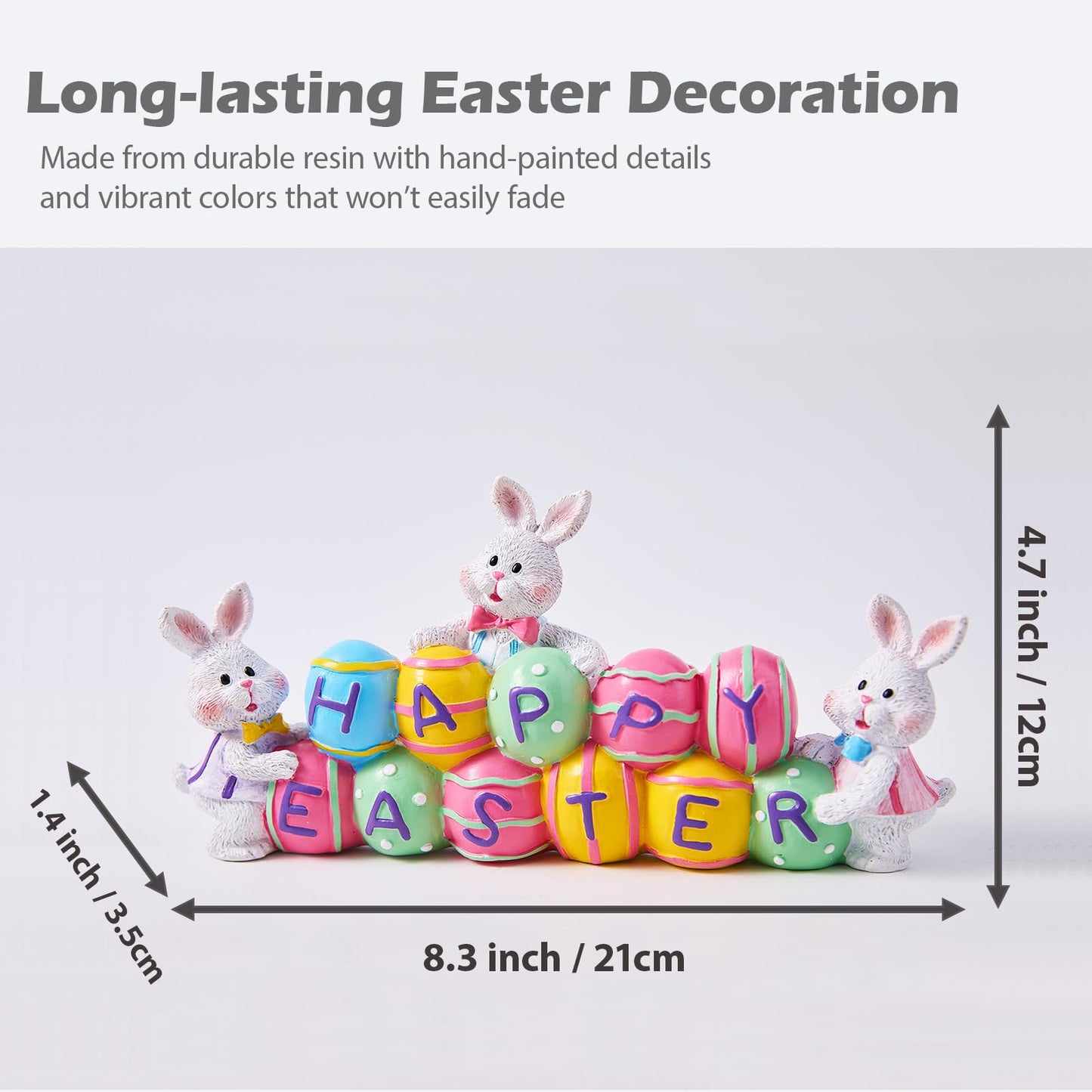 3 Bunny Holding Eggs and Happy Easter Decorations, Resin Easter Bunny Rabbits Figurine Tabletop Centerpiece for Spring Decor Easter Home Office Party Decor