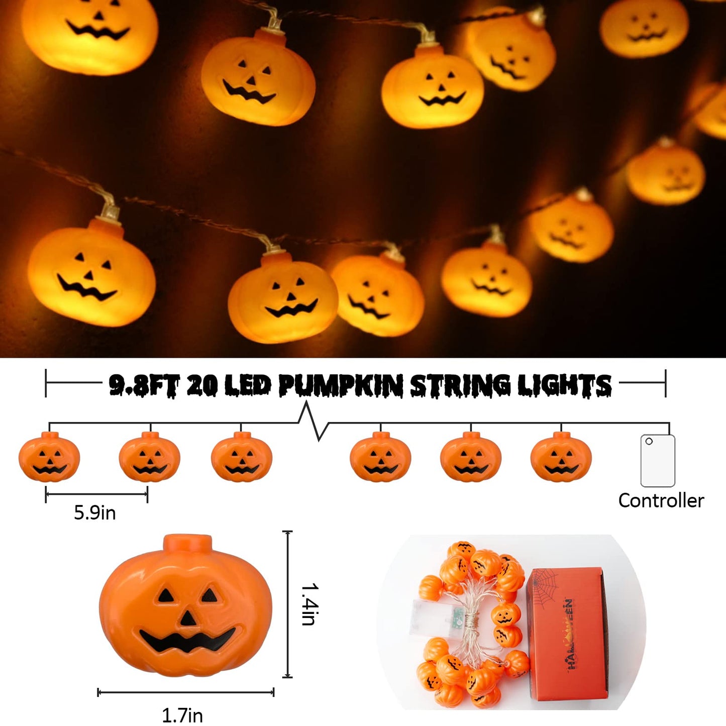 Runleo Halloween Pumpkin String Lights - 20 LED 9.8ft 3D Cute Waterproof Orange Jack-O-Lantern Battery Operated Lights, 2 Modes Steady/Flickering Lights for Indoor Outdoor Decor Party Decorations