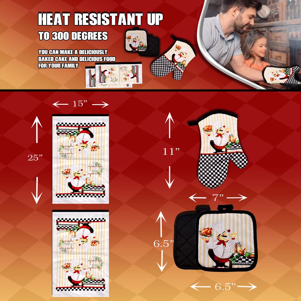 Lobyn Value Packs - Charming 5 Piece Kitchen Towel Set: Chubby Uniformed Chef Design, includes 2 Decorative Dish Towels (25x15) 1 Oven Mitt and 2 Potholders (6.5 Sq)