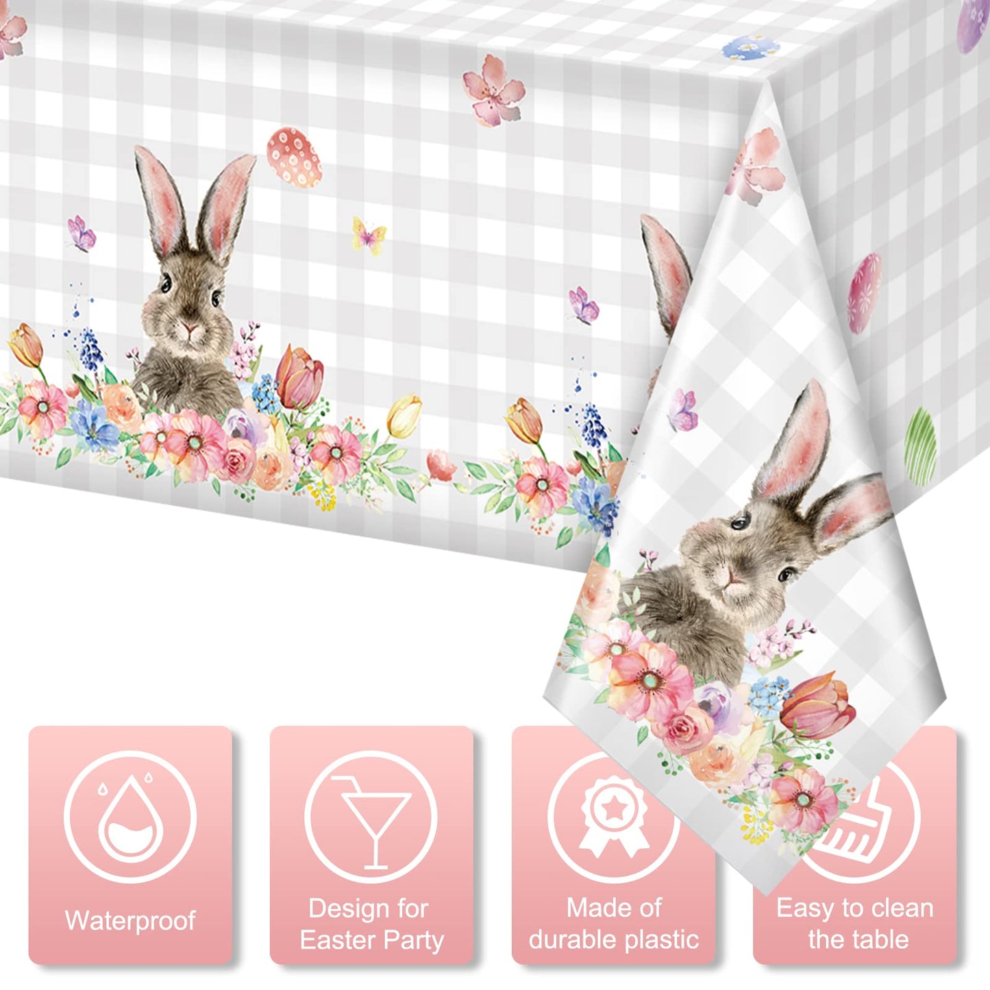 3Pcs Spring Easter Bunny Buffalo Plaid Checkered Tablecloth Decorations,Plastic Rabbit Egg Floral Pastel Dinner Table cover for Indoor Outdoor Birthday Easter Baby Shower Party Supplies,54x108 Inch