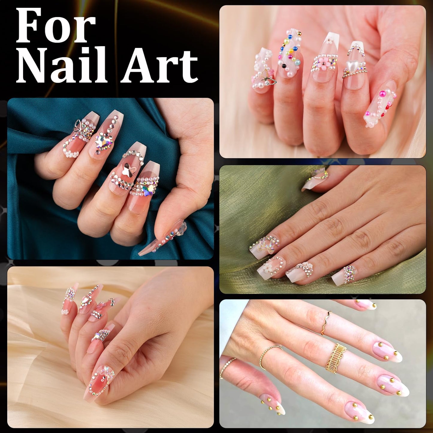 Rhinestones for Nails & Pearls, Manicure Kit with Nail Rhinestone Glue Gel, Flatback Glass Crystal AB + Clear Gems, White & Beige Half Round Pearls, Gem Glue for Nails (UV/LED Needed) with Tools