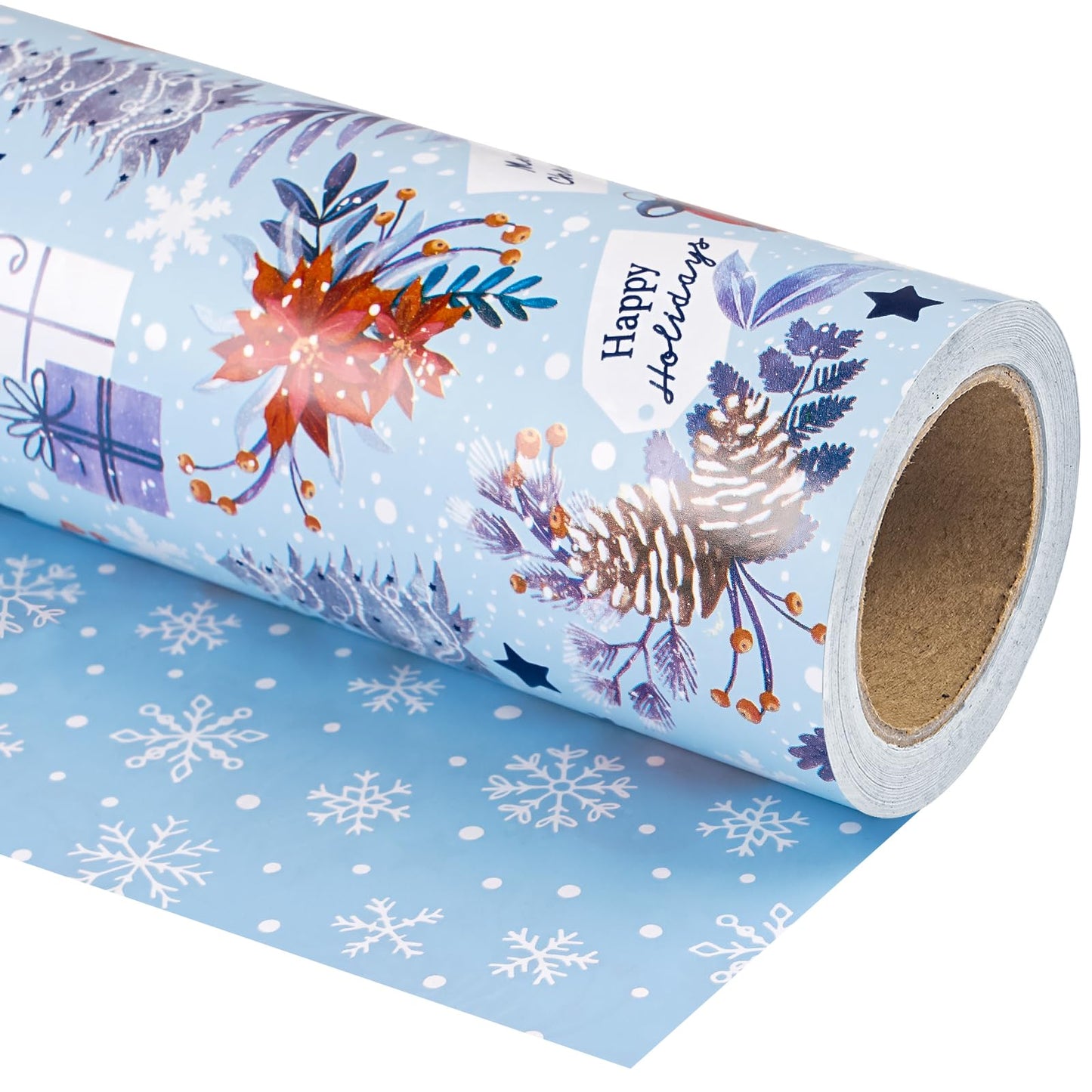 Reversible Christmas Wrapping Paper - Mini Roll - 17 Inch x 33 Feet - Red & Blue Snow Globe, Poinsettias and Snowflake Wrapping Paper for Xmas Holiday, Party Celebration