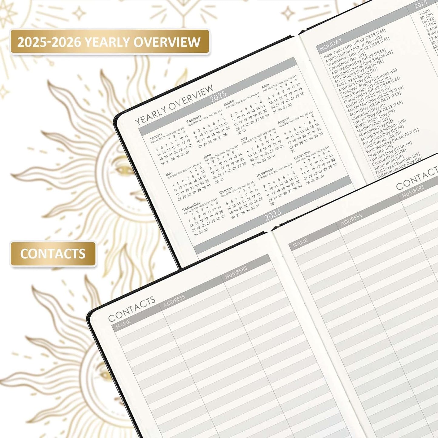 Planner 2025-2026 - Academic Planner 2025-2026, July 2025 - June 2026, 5.75" x 8.25", Weekly and Monthly, Faux Leather with Back Pocket & 40 Notes Pages - The Sun