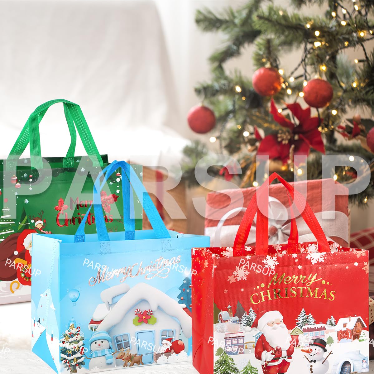 8PCS Christmas Gift Bags, Bronzing Christmas Tote Bags with Handles, Treat Bags, Multifunctional Non-Woven Bags for Gifts Wrapping Shopping, Xmas Basket Party Supplies, 12.8"×9.8"×6.7"